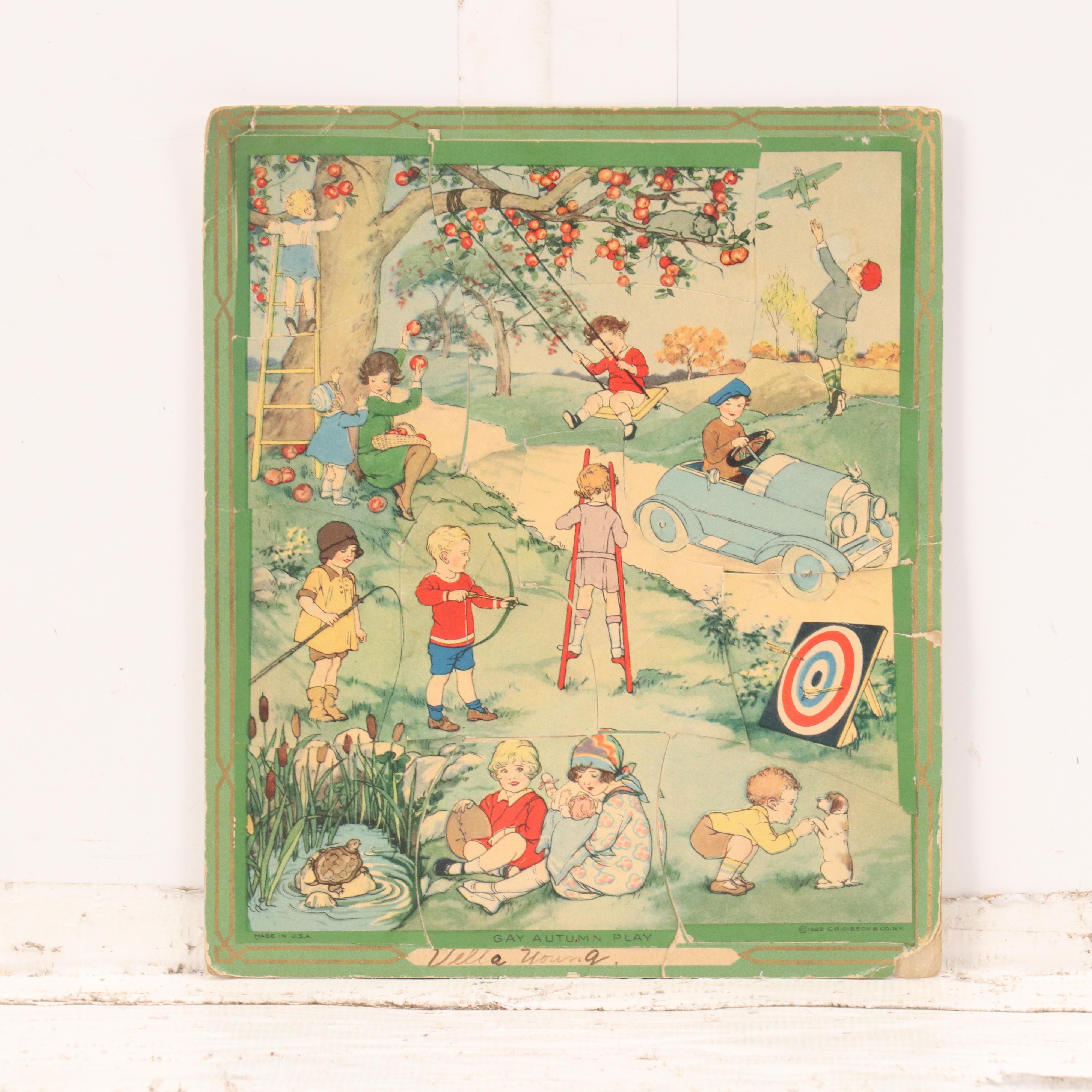 Gibson Offset Lithograph Puzzle "Gay Autumn Play" and Other Print, 1929