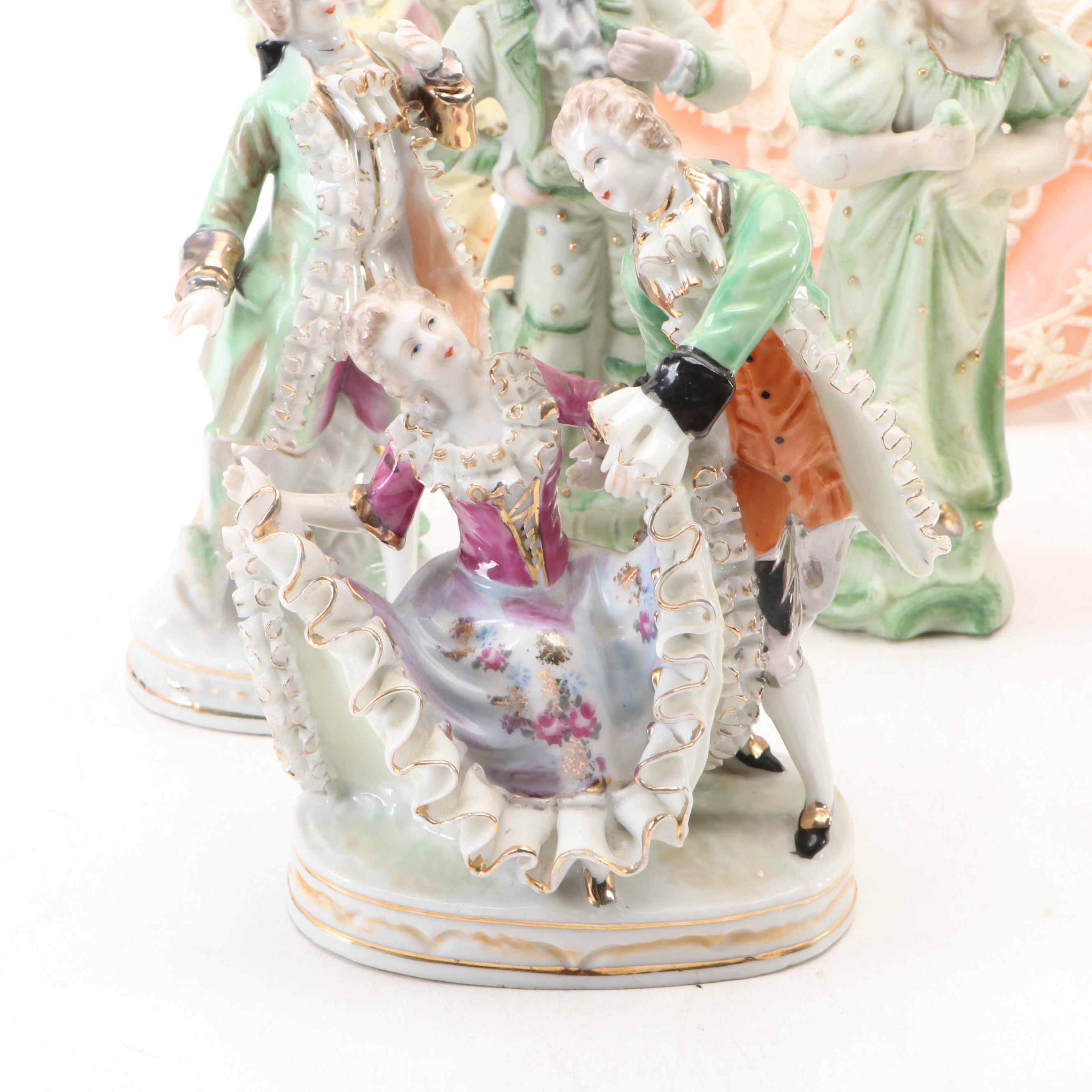 Rococo Style Porcelain Figurines with Bradex "Romeo and Juliet" Incolay Plate