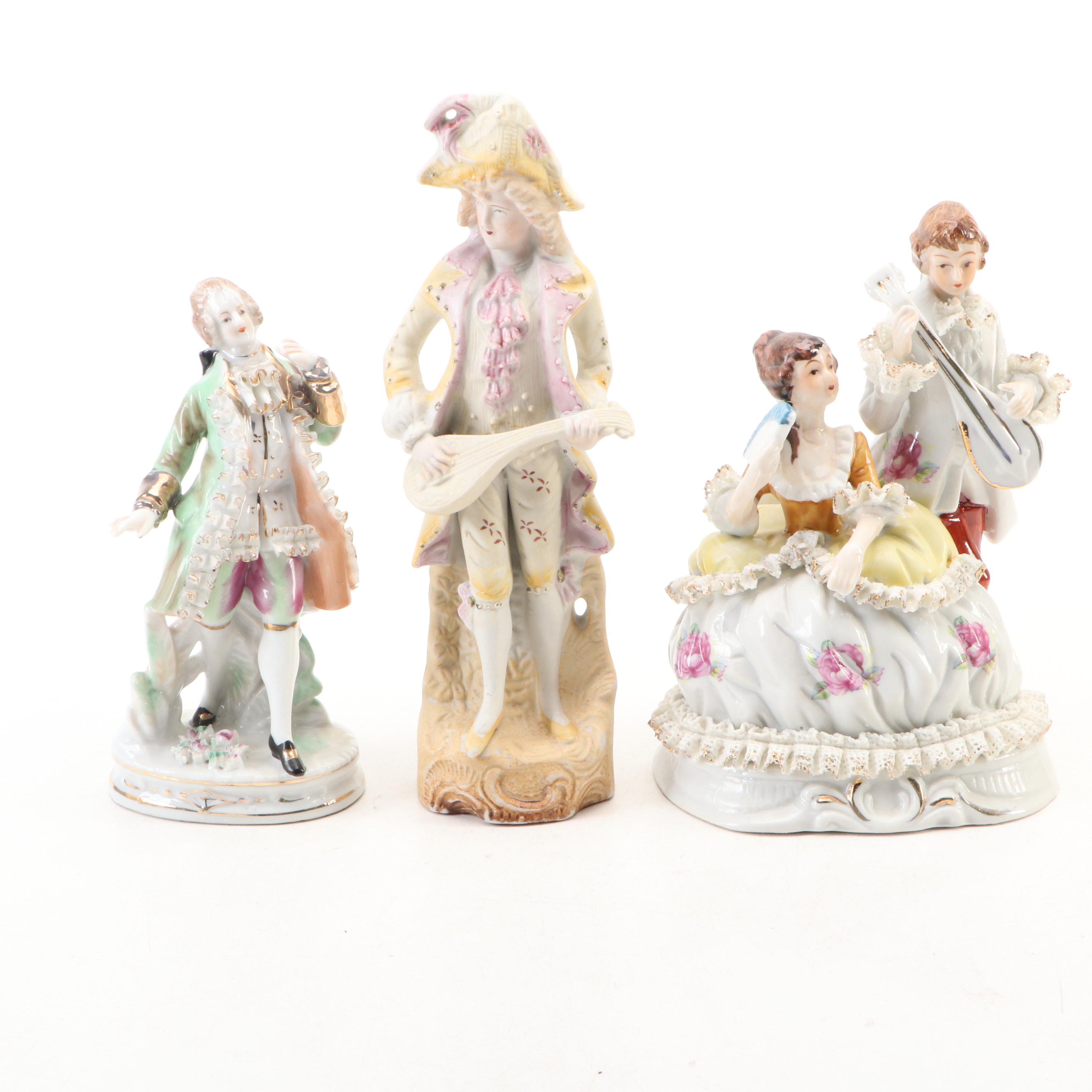Rococo Style Porcelain Figurines with Bradex "Romeo and Juliet" Incolay Plate