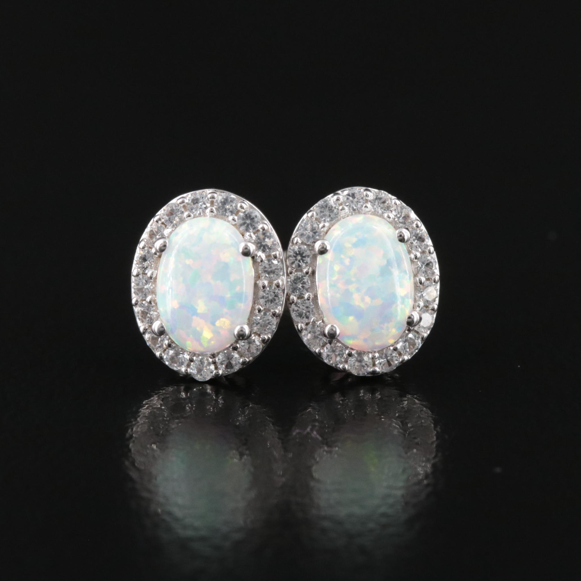 Sterling Opal and White Sapphire Stud Earrings