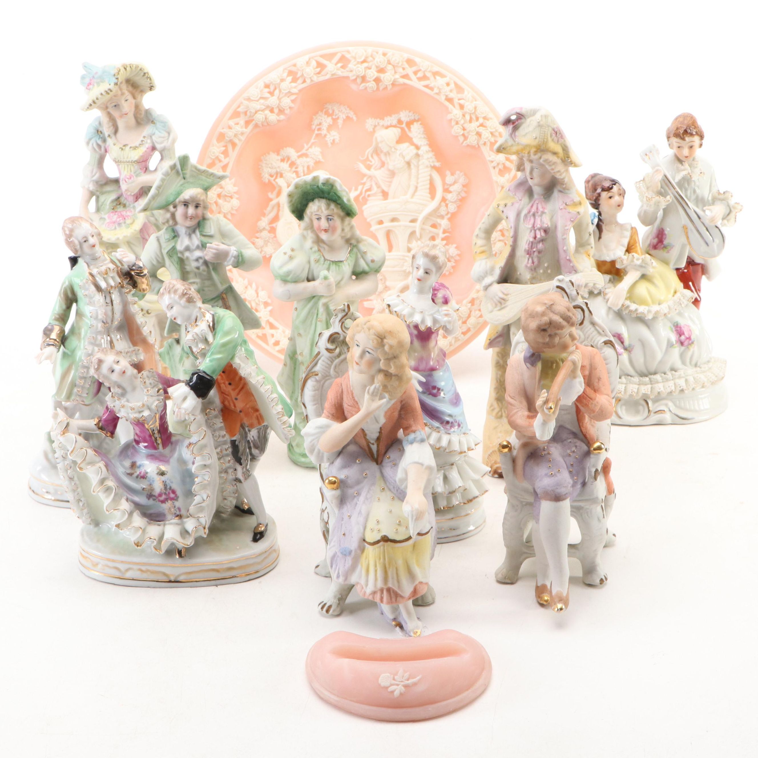 Rococo Style Porcelain Figurines with Bradex "Romeo and Juliet" Incolay Plate