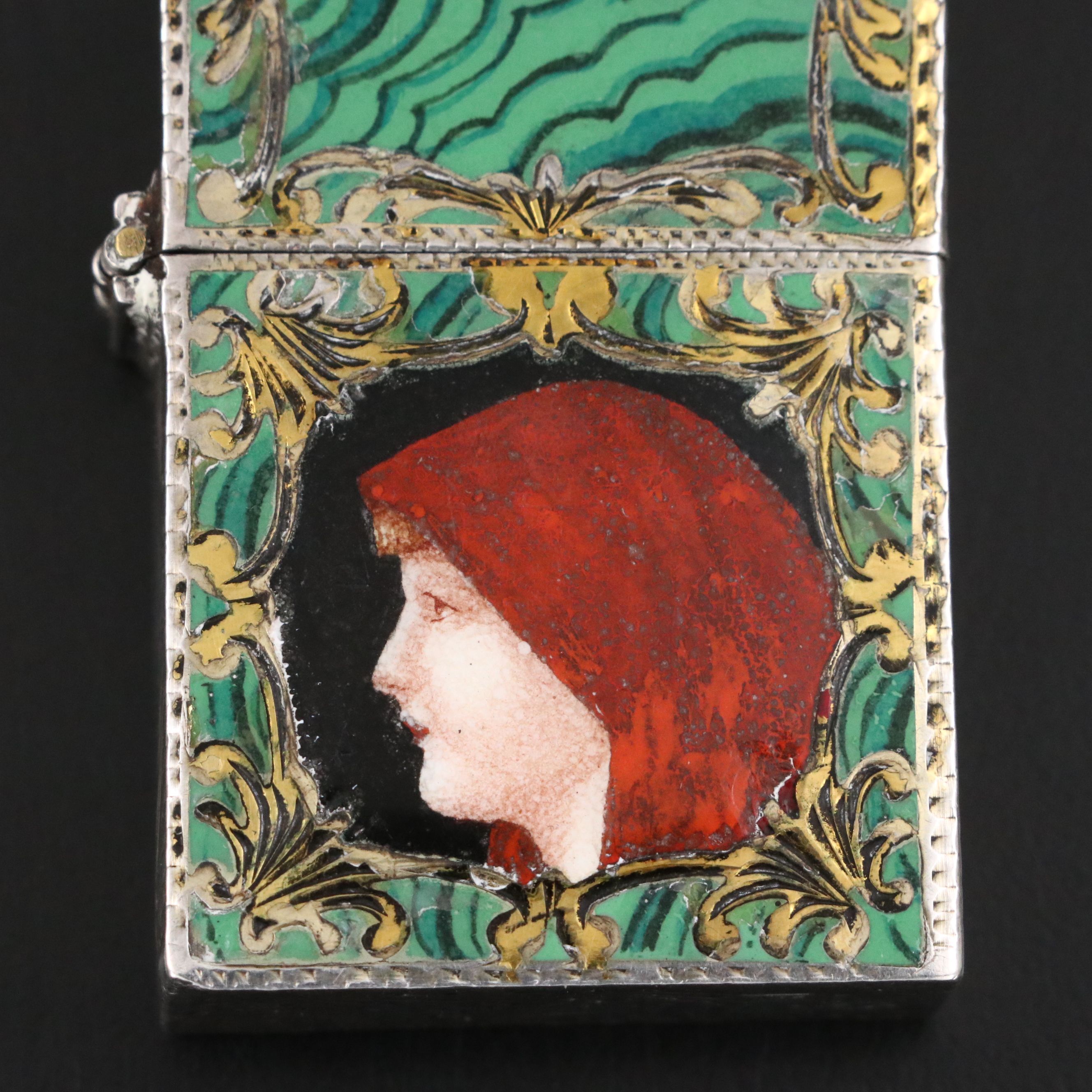 Italian 800 Silver and Enamel Saint Fabiola Portrait Lighter