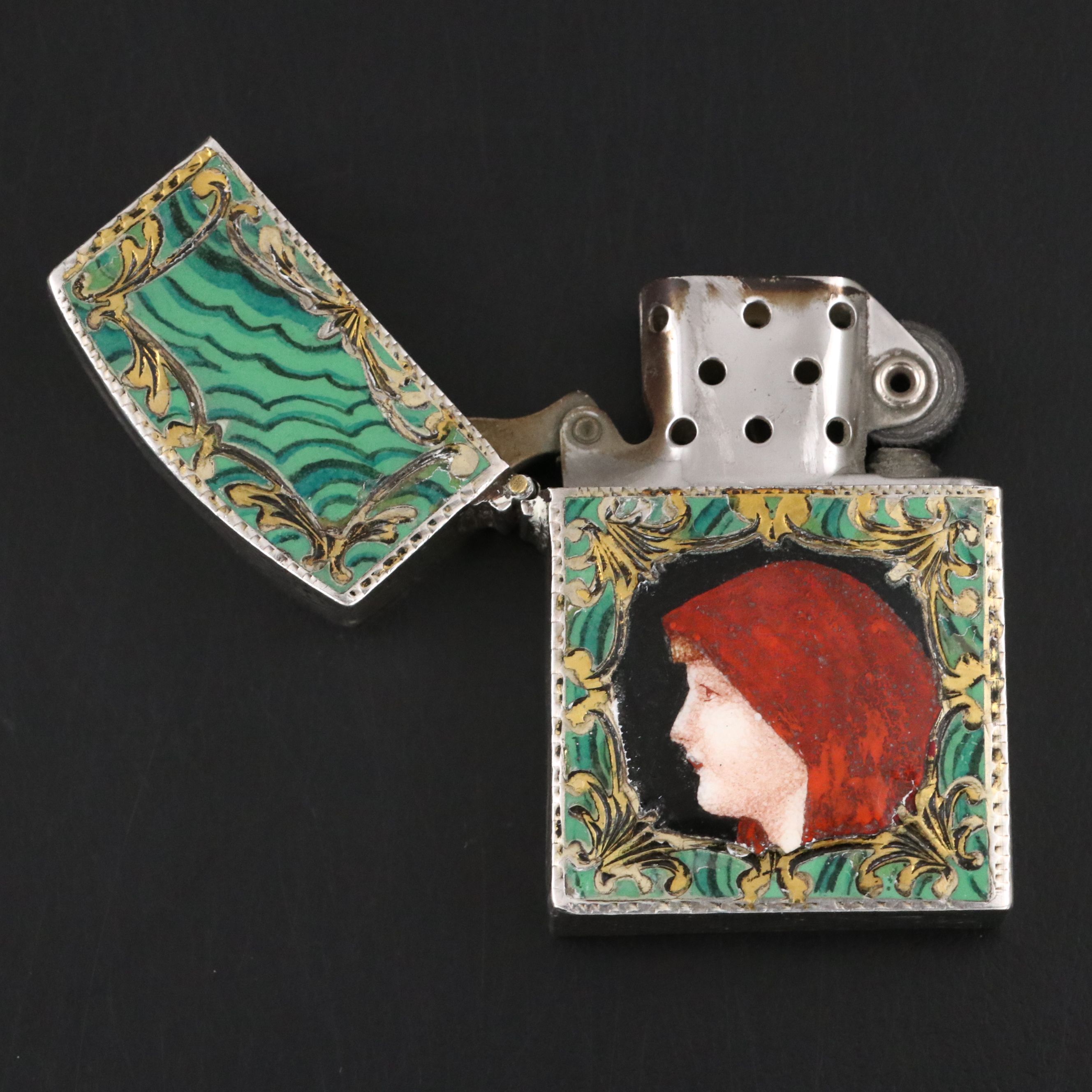 Italian 800 Silver and Enamel Saint Fabiola Portrait Lighter