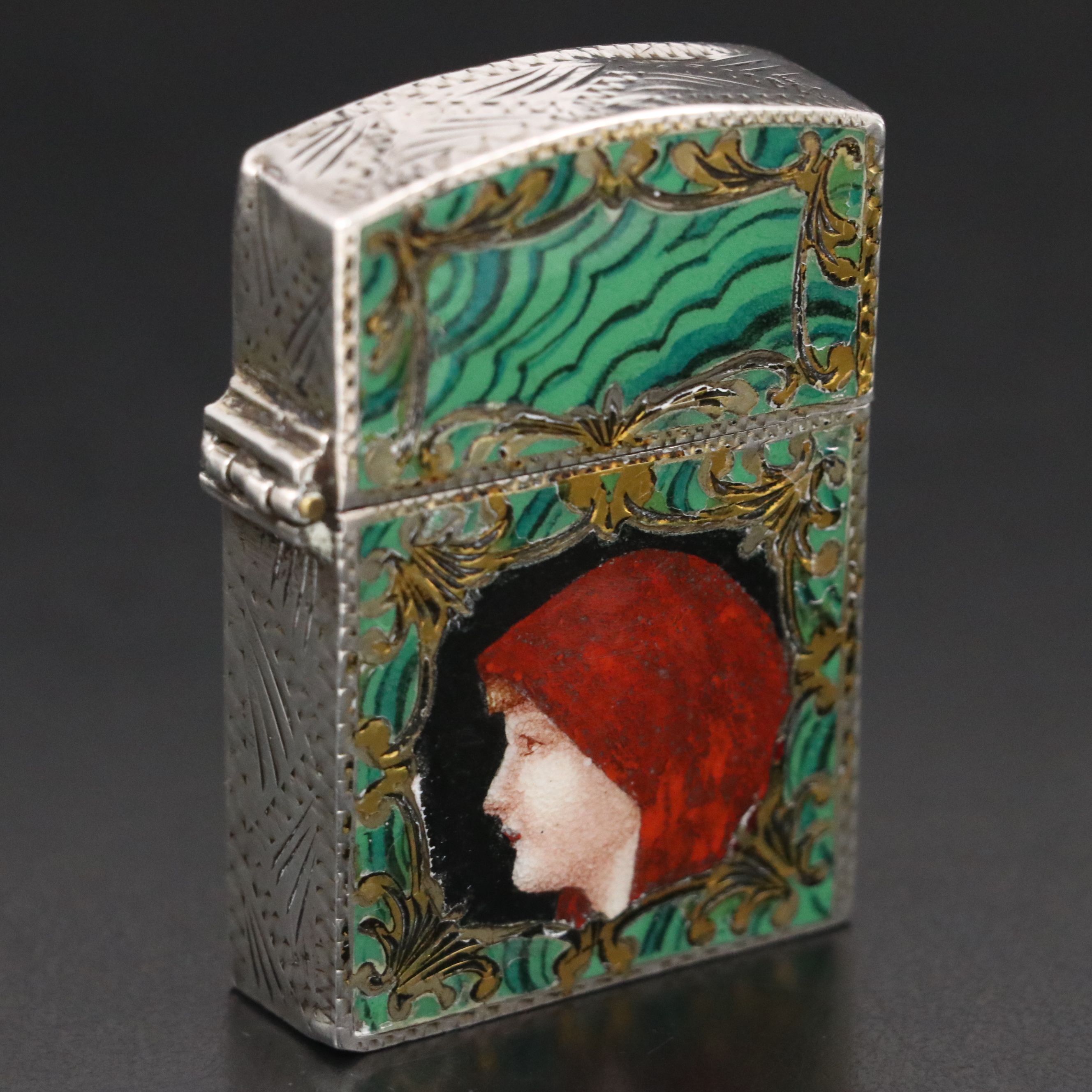 Italian 800 Silver and Enamel Saint Fabiola Portrait Lighter