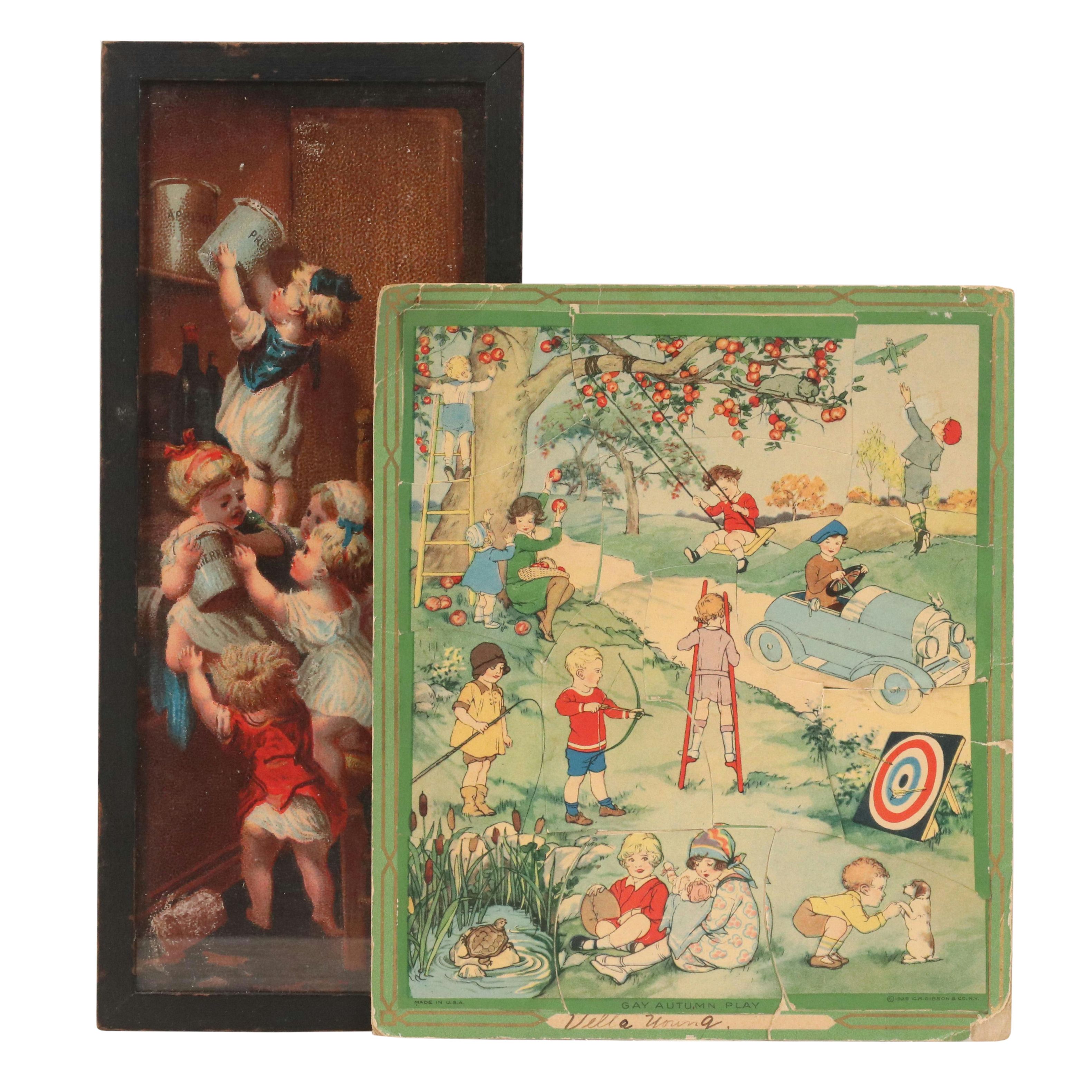 Gibson Offset Lithograph Puzzle "Gay Autumn Play" and Other Print, 1929