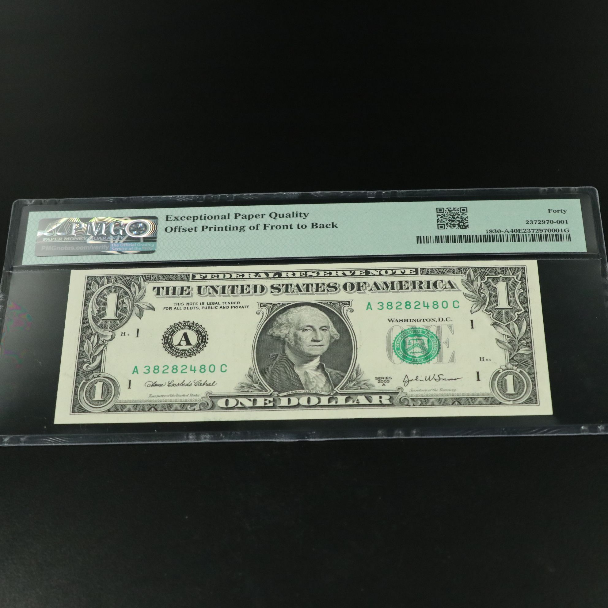 PMG 40 EPQ 2003A one dollar Federal Reserve Note Boston Error Note