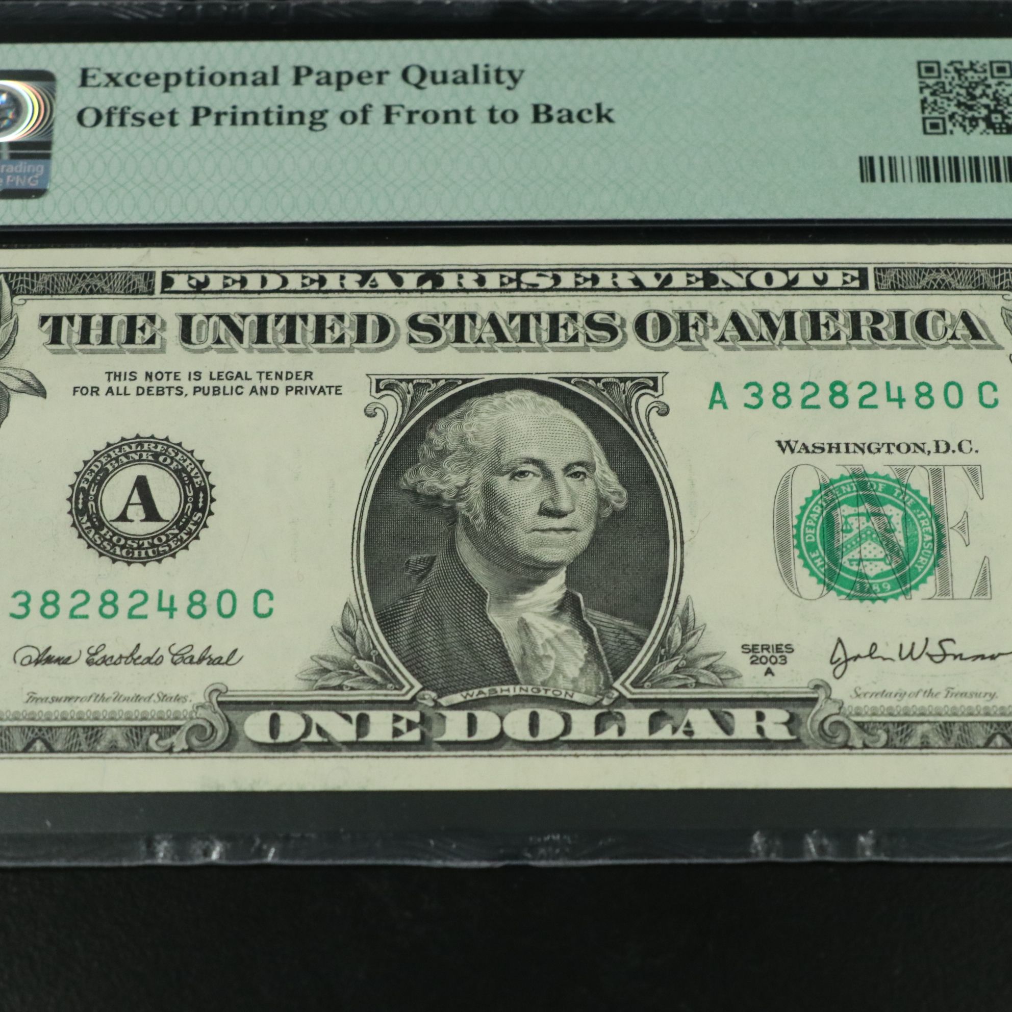 PMG 40 EPQ 2003A one dollar Federal Reserve Note Boston Error Note