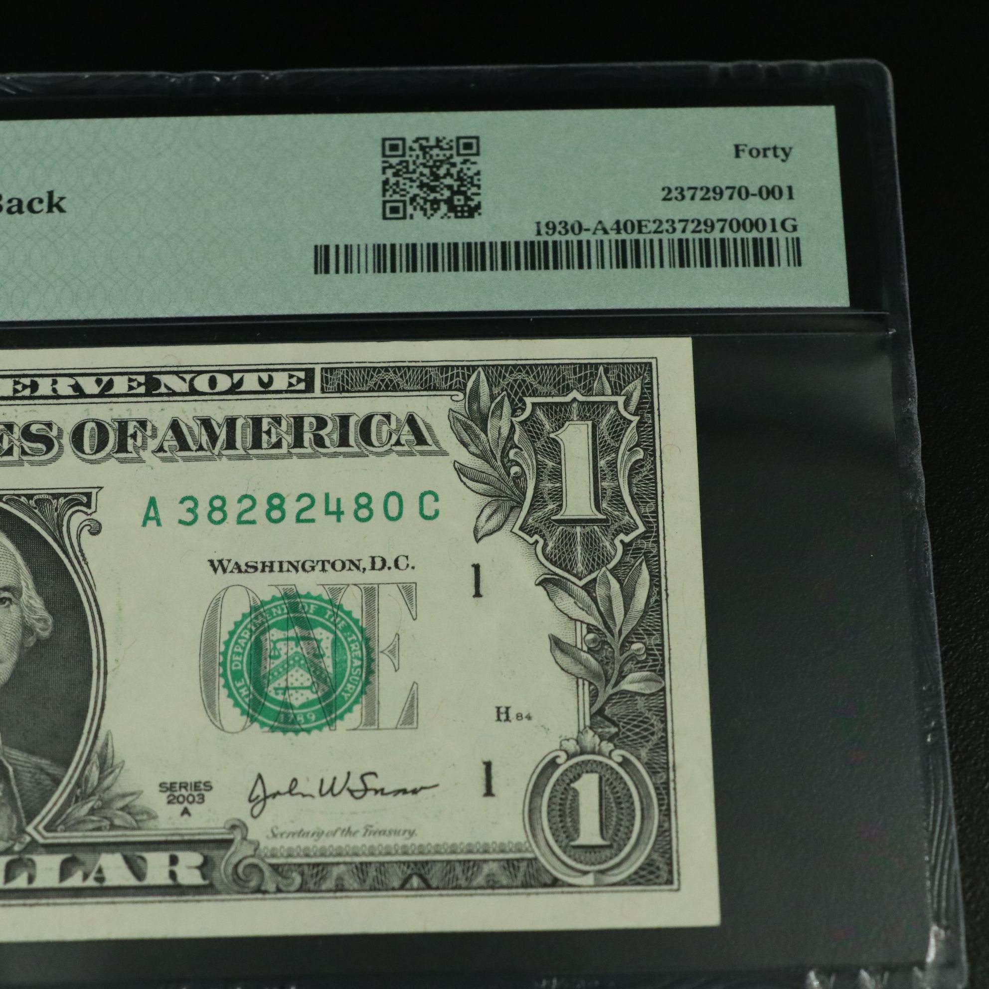 PMG 40 EPQ 2003A one dollar Federal Reserve Note Boston Error Note