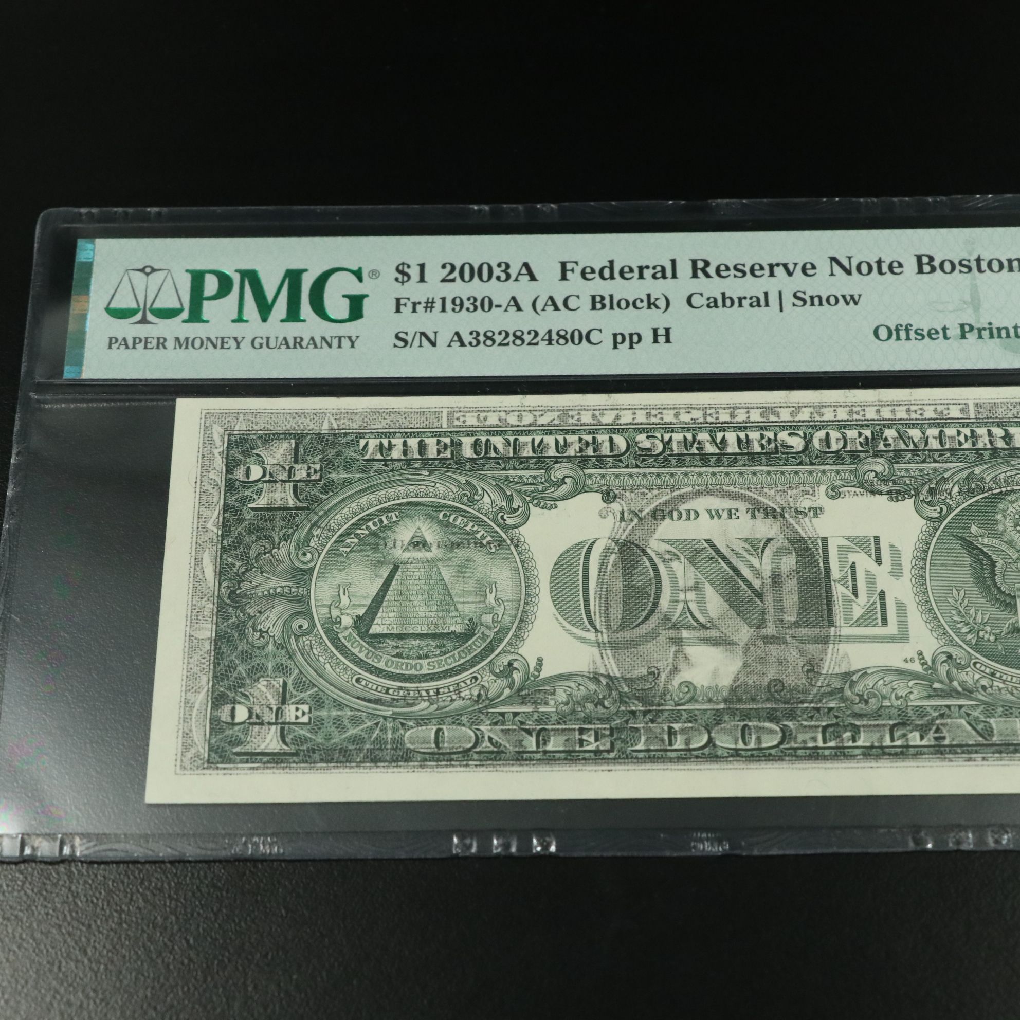 PMG 40 EPQ 2003A one dollar Federal Reserve Note Boston Error Note