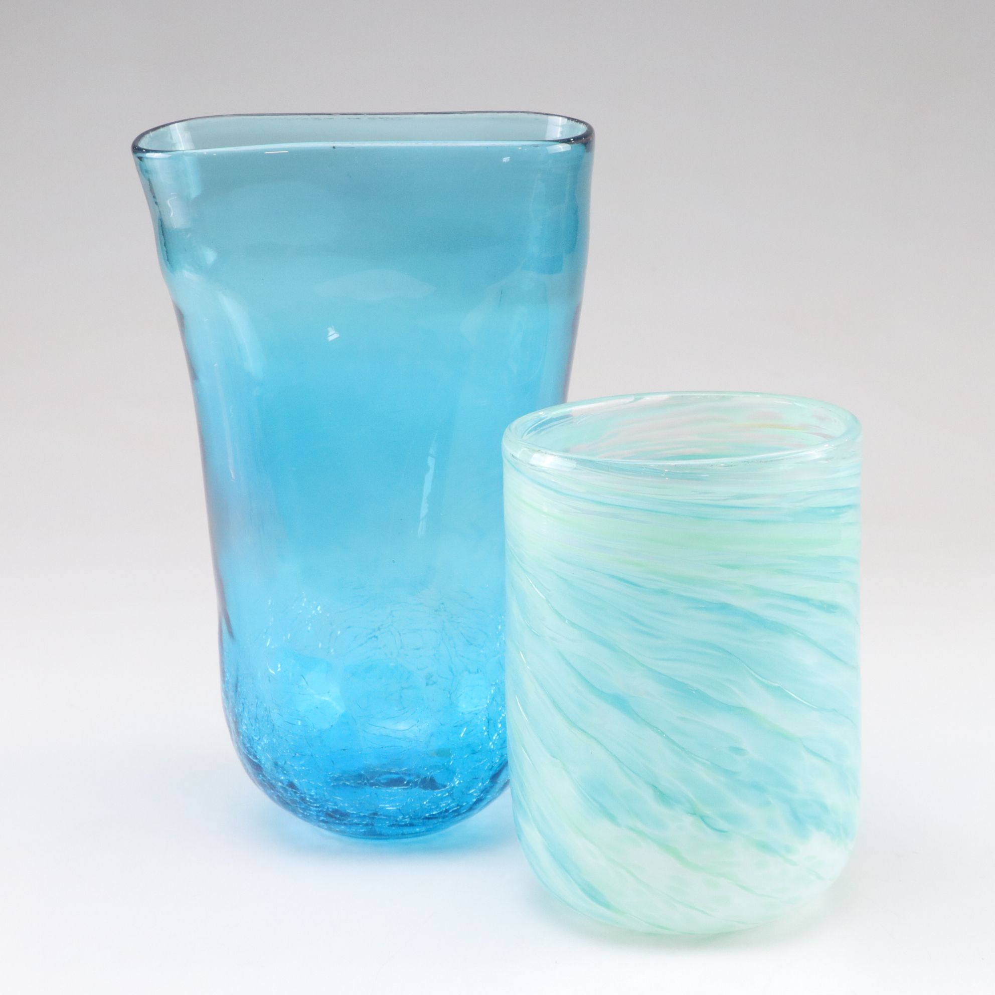 Blenko Crackle Style Aqua Vase with Marbled Seafoam Tumbler Vase