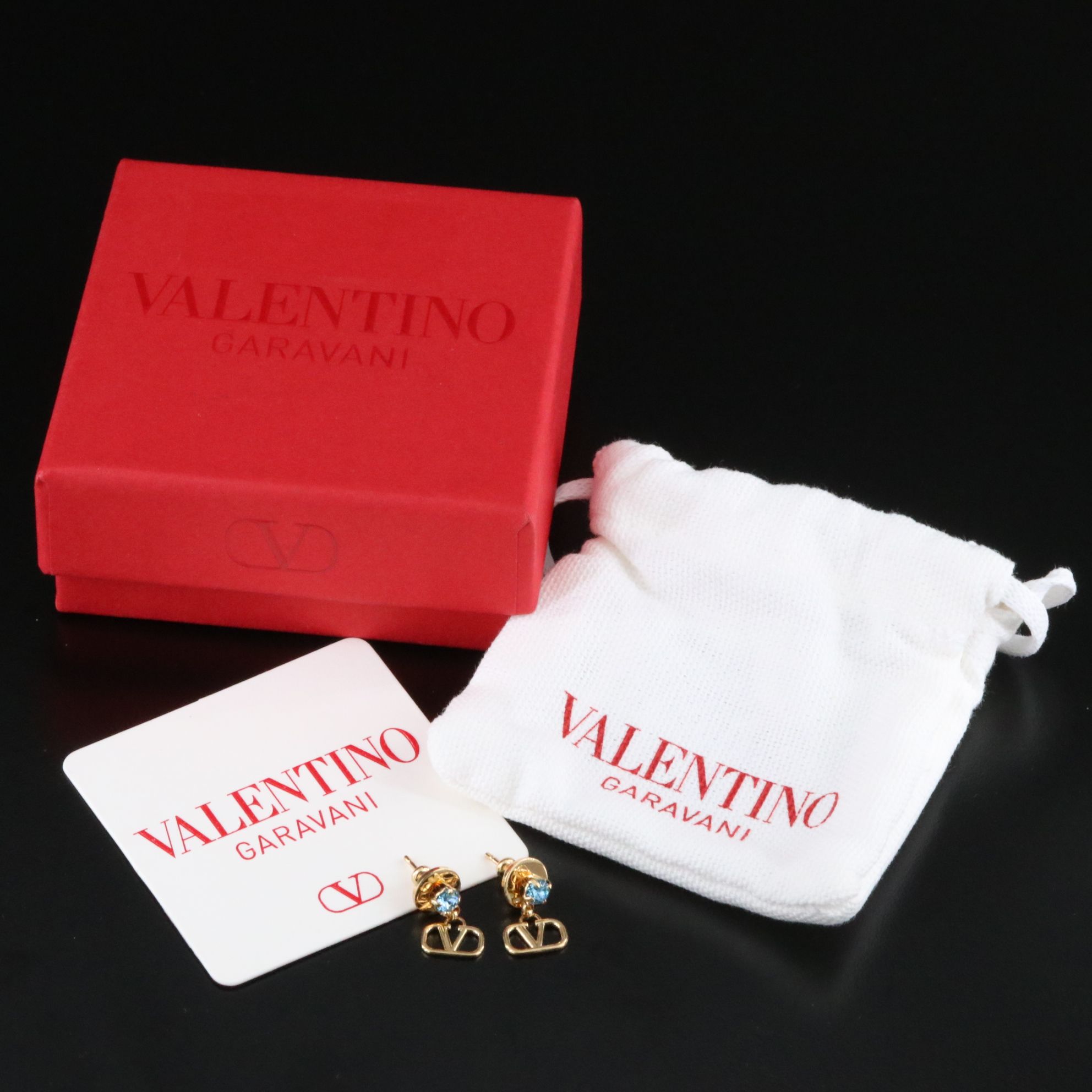 Valentino Garavani Logo and Blue Crystal Drop Earrings