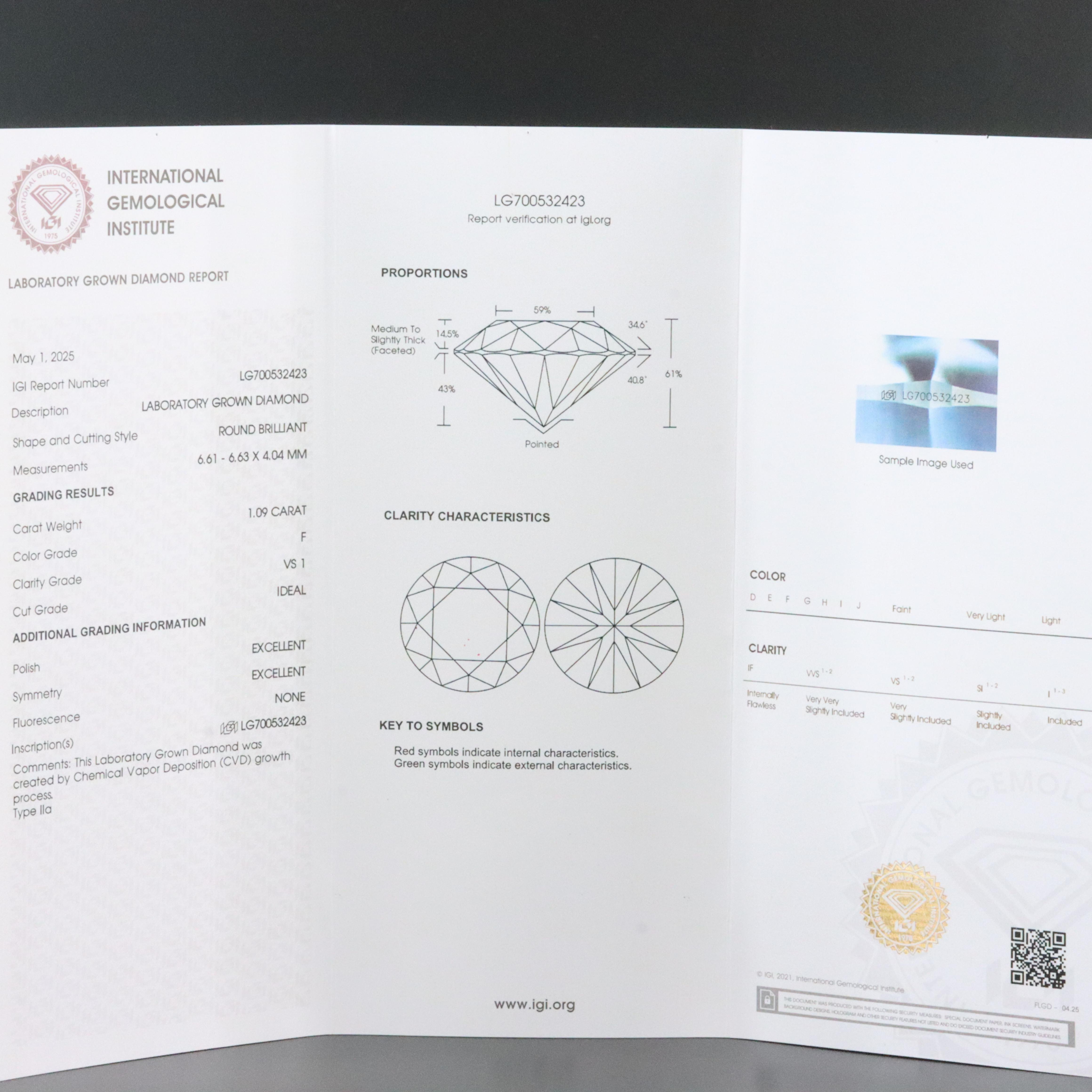 18K 1.09 CT Lab Grown Diamond Pendant with IGI Report