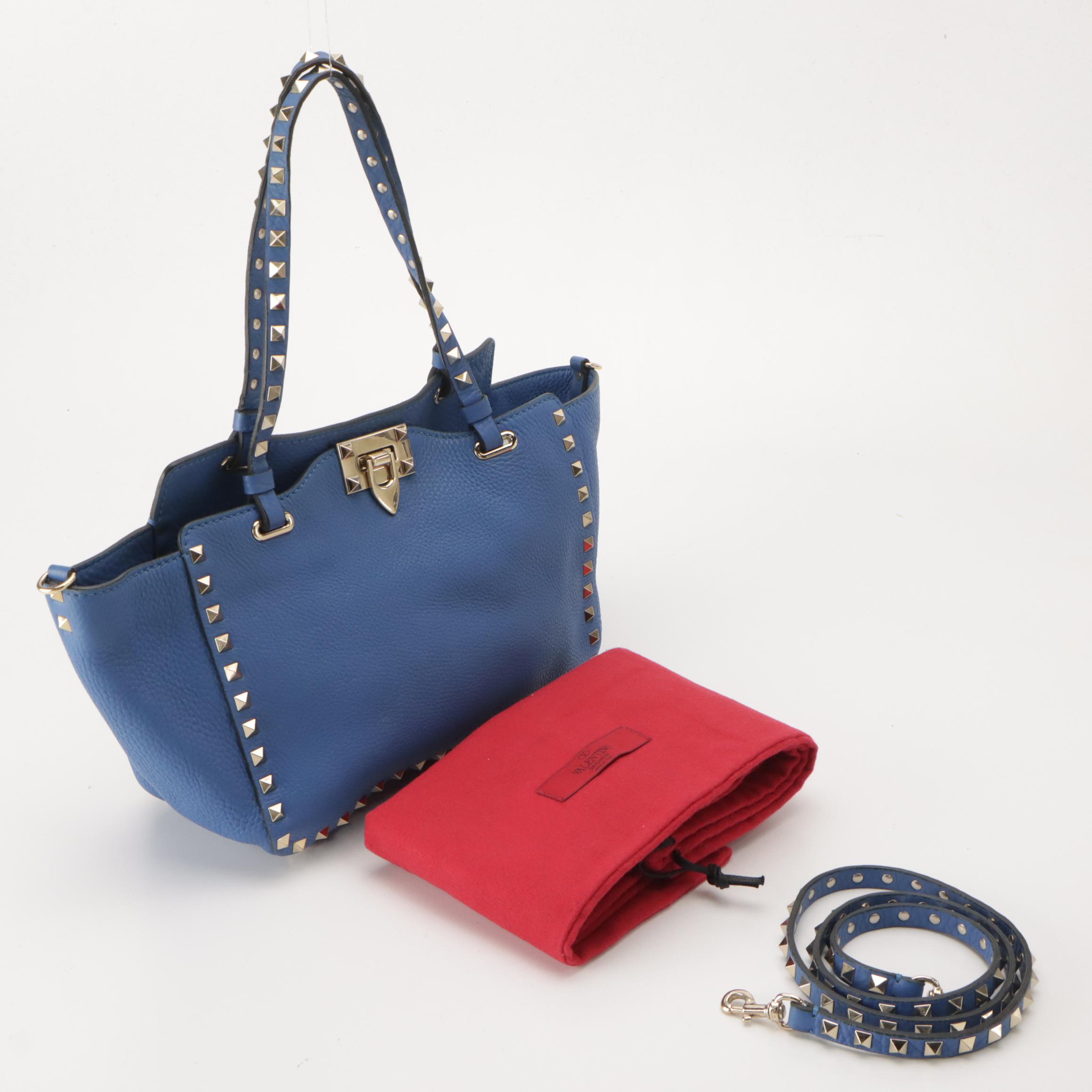 Valentino Garavani Small Rockstud Two-Way Tote in Blue Grained Calfskin