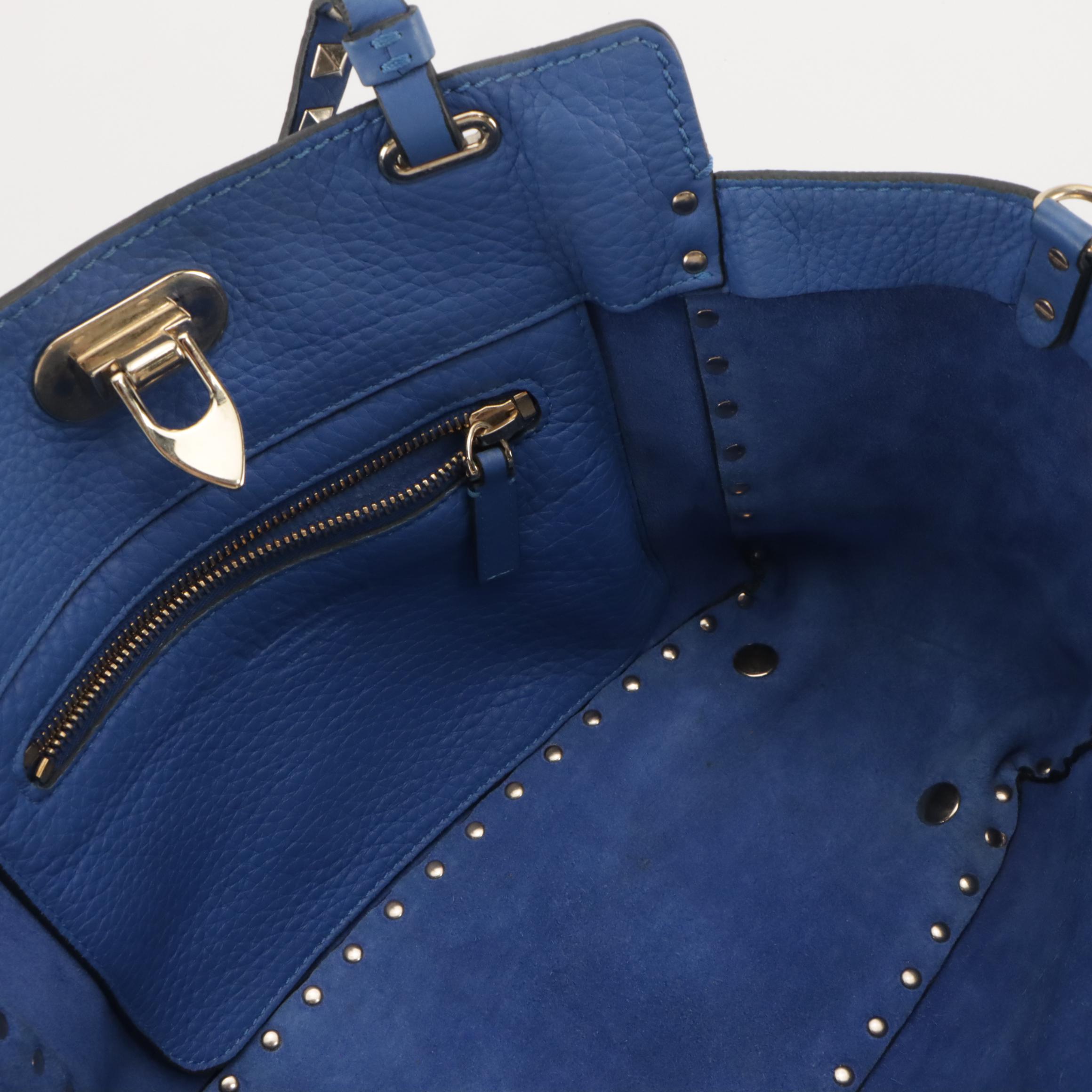 Valentino Garavani Small Rockstud Two-Way Tote in Blue Grained Calfskin
