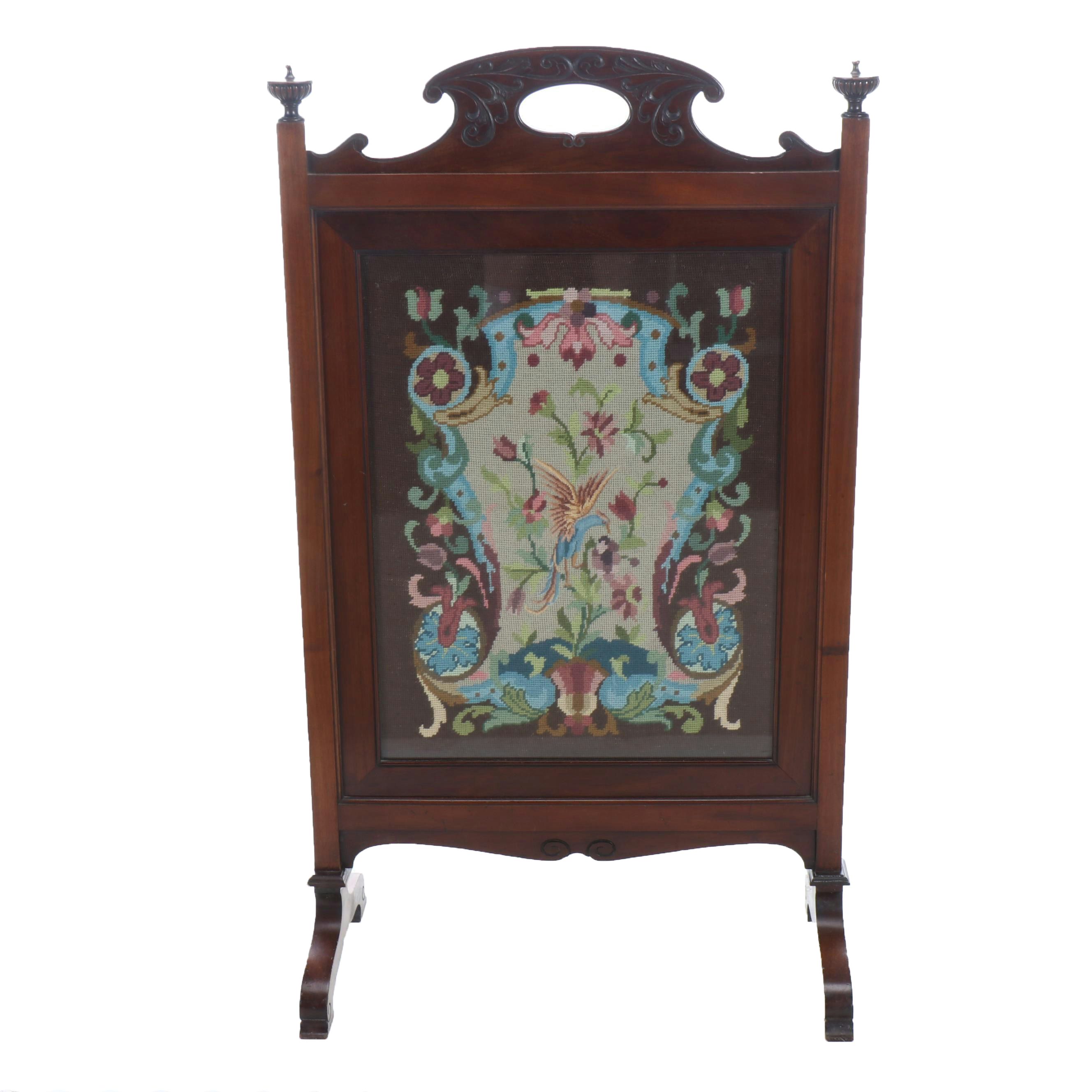 Art Nouveau Style Carved Wood and Needlepoint Fireplace Screen
