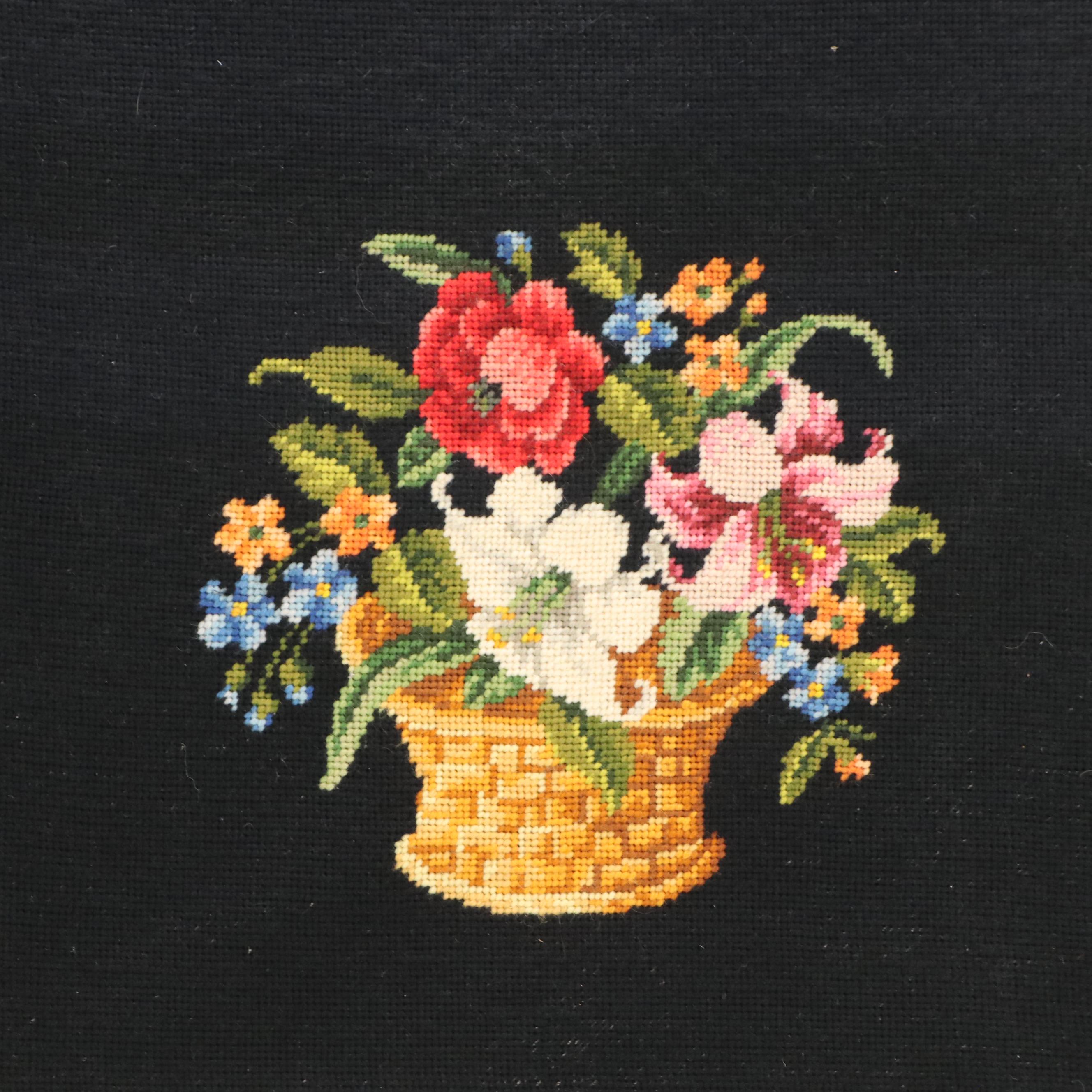 Needlepoint Embroidery Floral Still Life and Basket, Late 20th Century