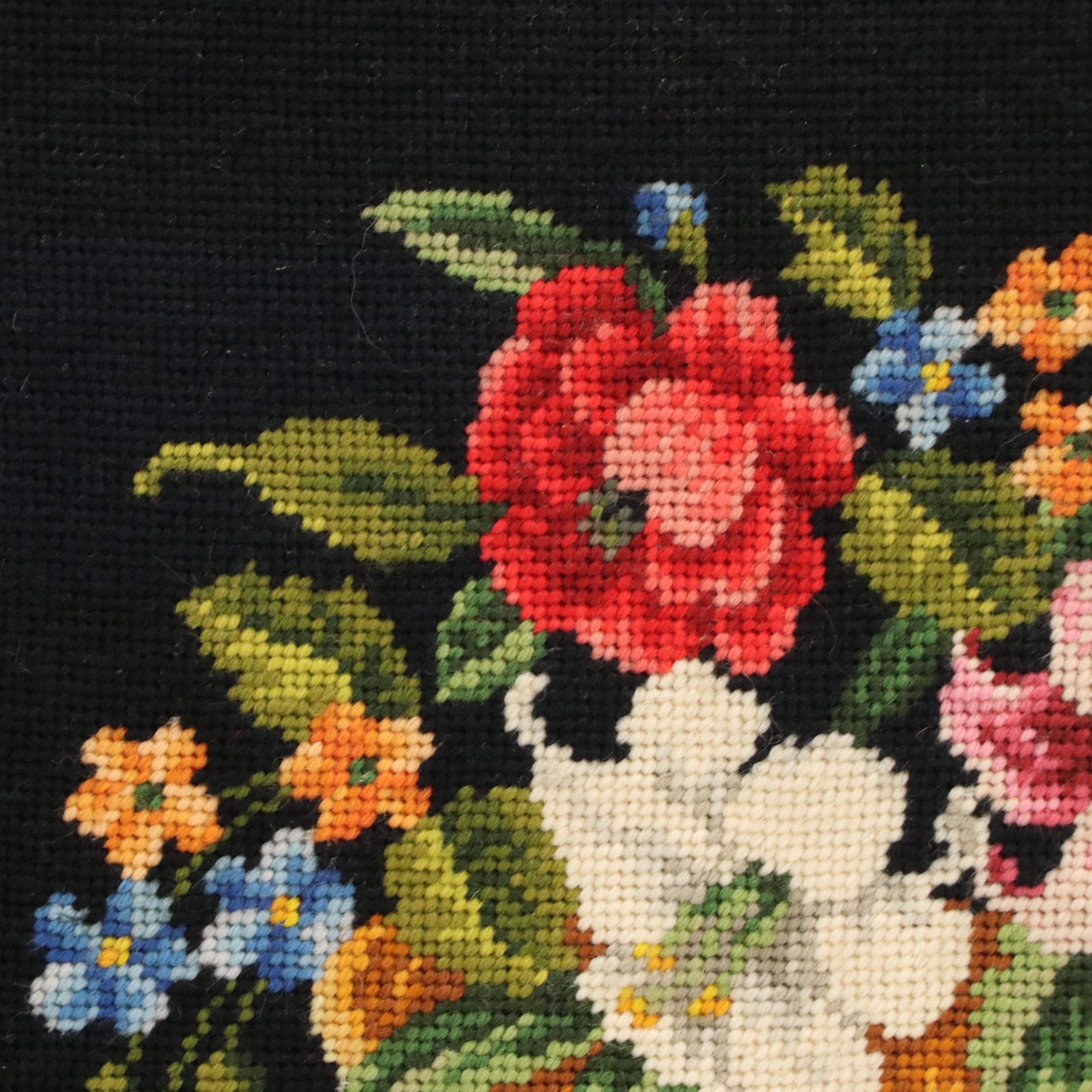 Needlepoint Embroidery Floral Still Life and Basket, Late 20th Century