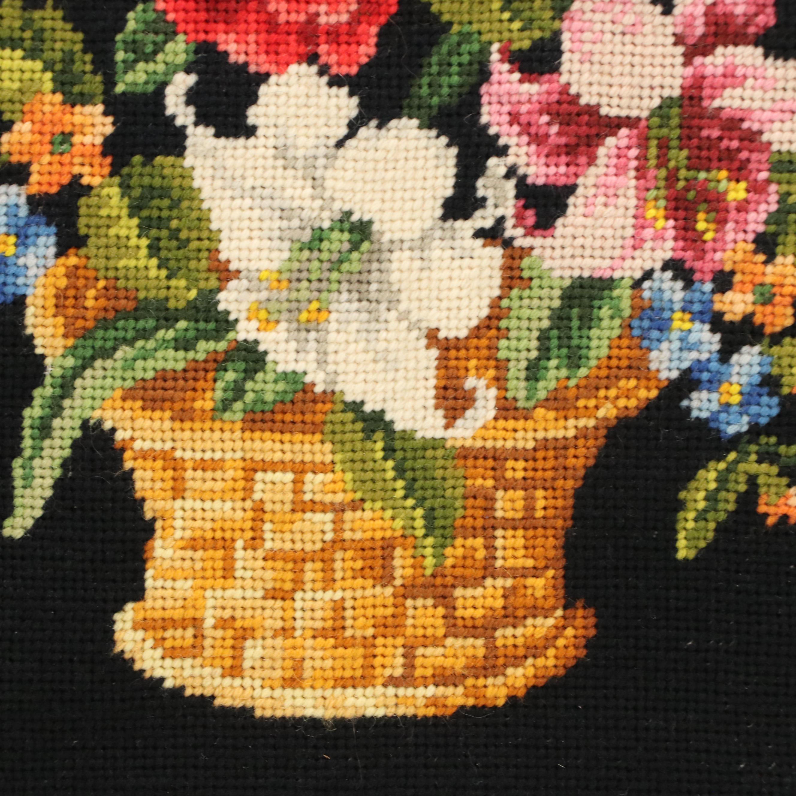 Needlepoint Embroidery Floral Still Life and Basket, Late 20th Century