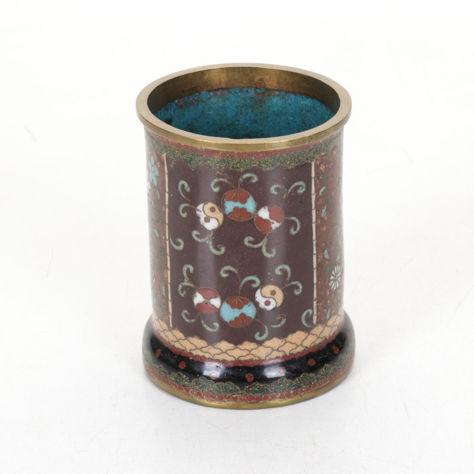 Cloisonné Enamel Plate and Butterfly Motif Brush Pot