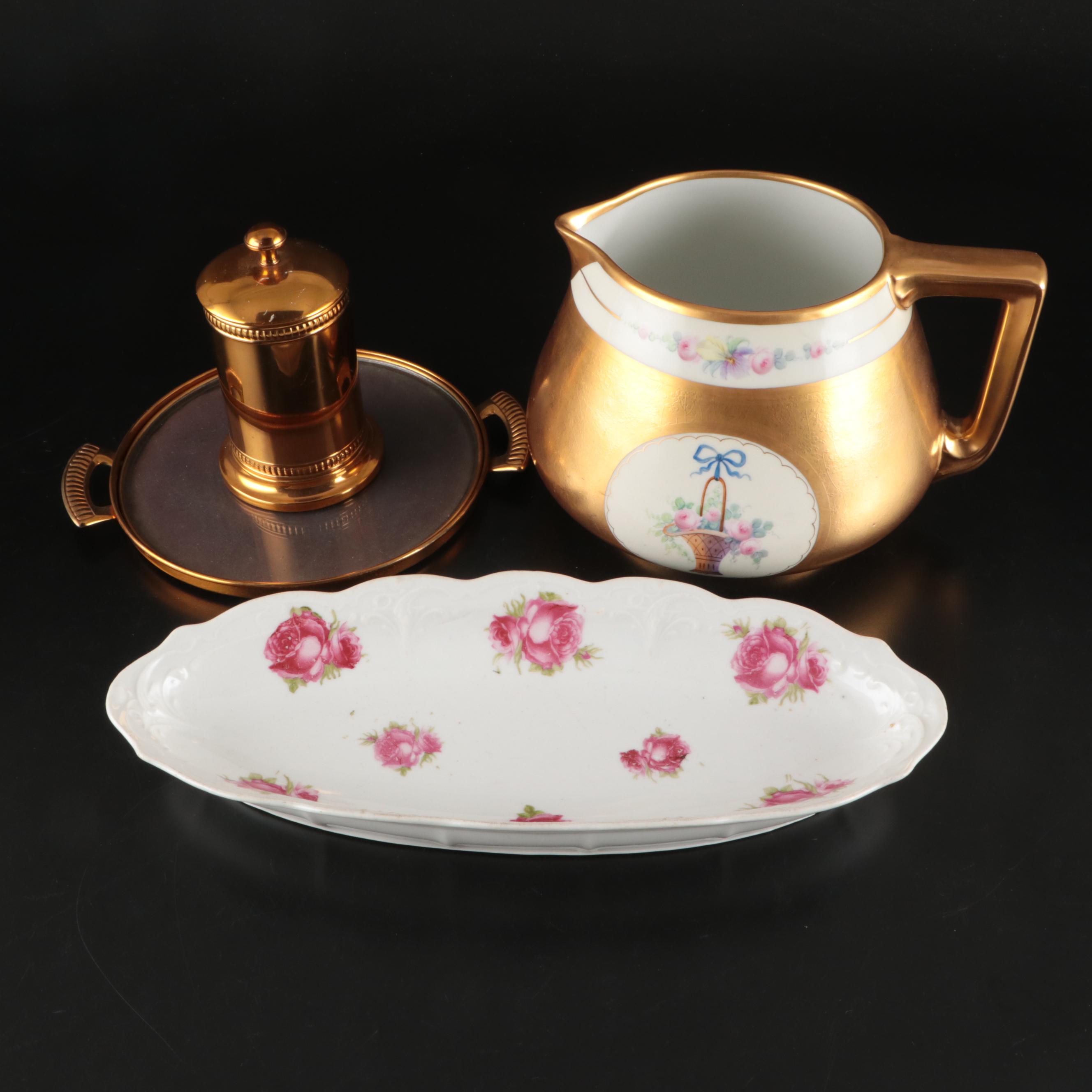 Floral Porcelain Serving Dish and Pitcher with Other Gold Finish Metal Tableware