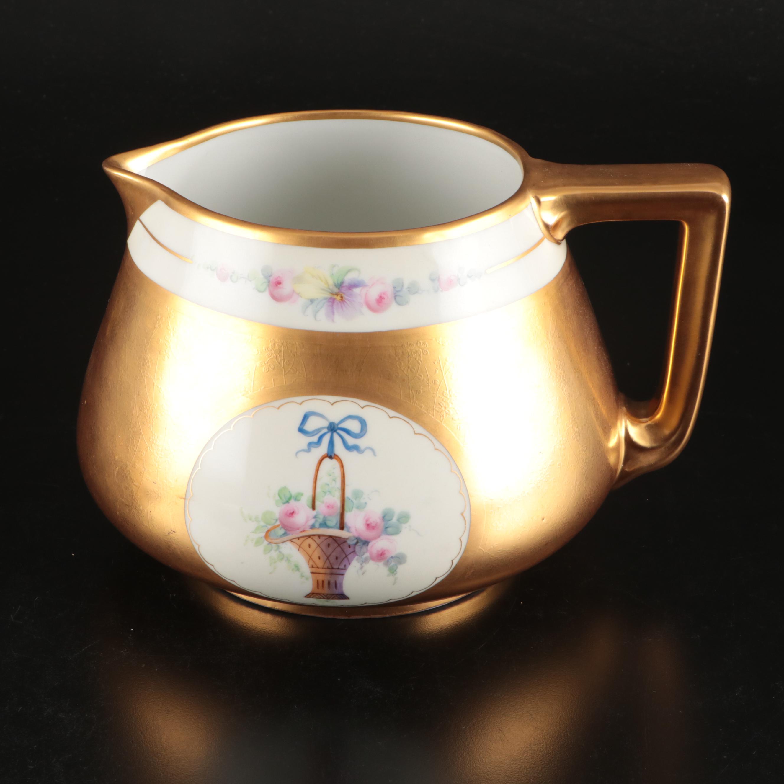 Floral Porcelain Serving Dish and Pitcher with Other Gold Finish Metal Tableware