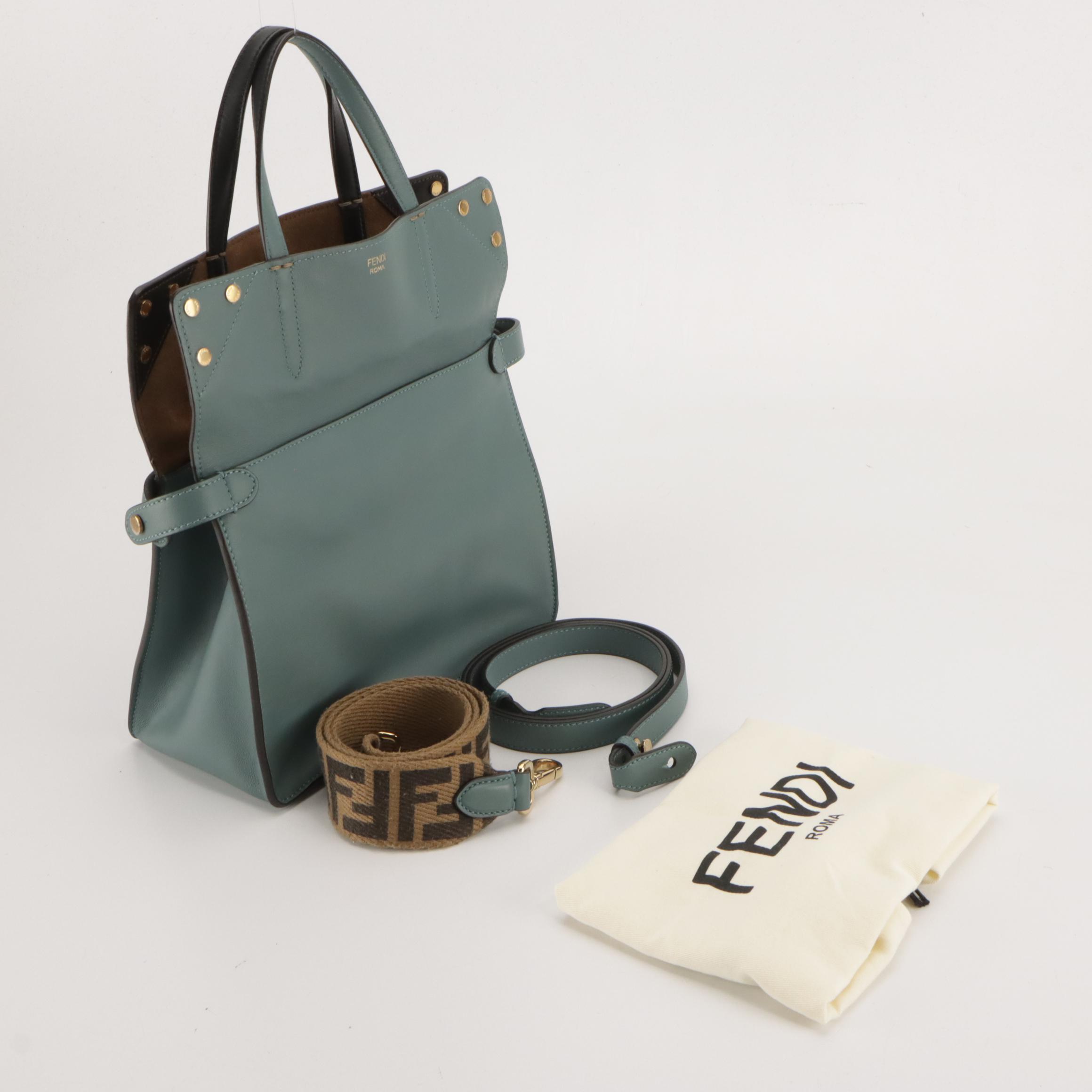 Fendi Small Grace Flip Tote in Blue Calfskin Leather and Brown Suede
