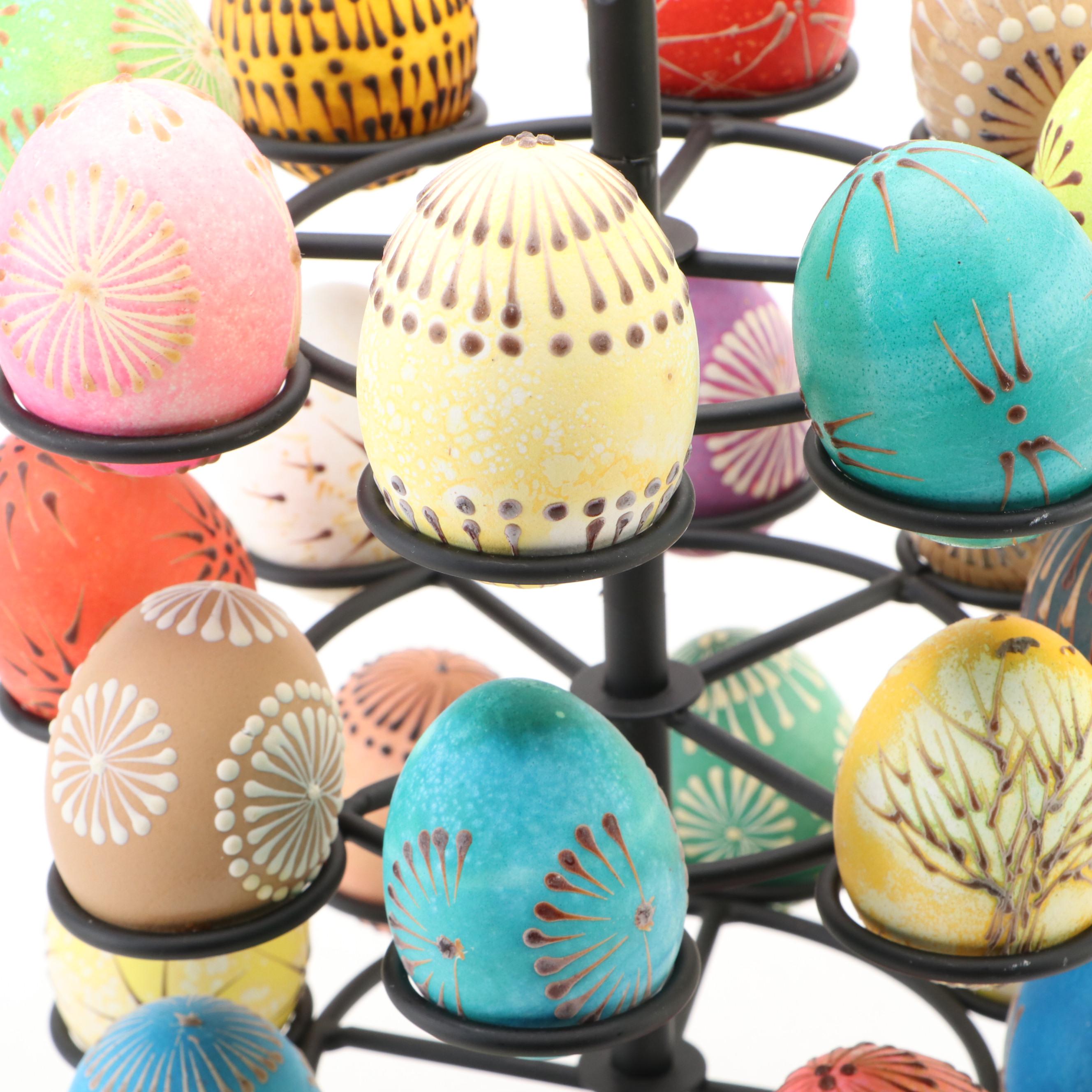 Hand-Painted Eggs on Metal Display Tree