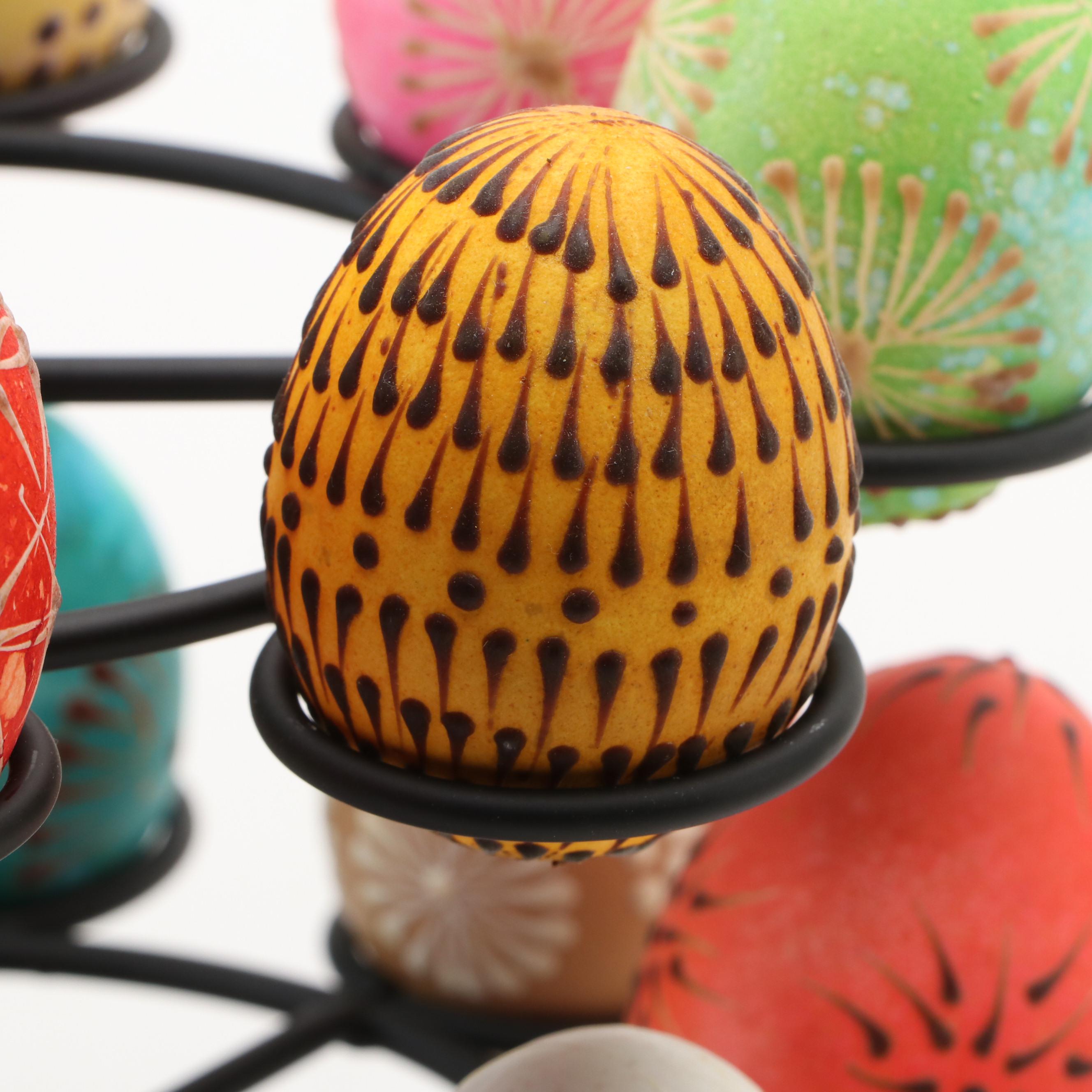 Hand-Painted Eggs on Metal Display Tree