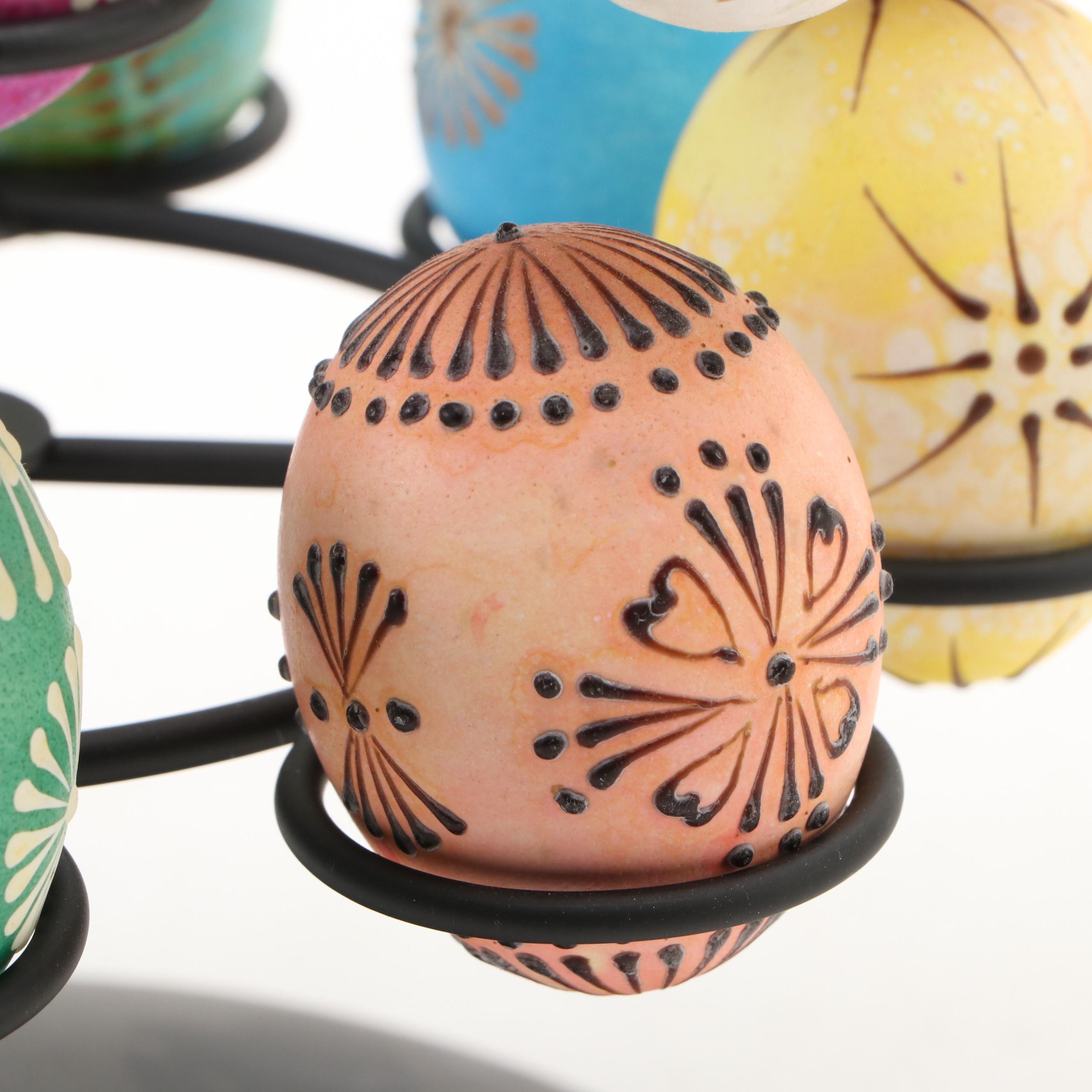 Hand-Painted Eggs on Metal Display Tree