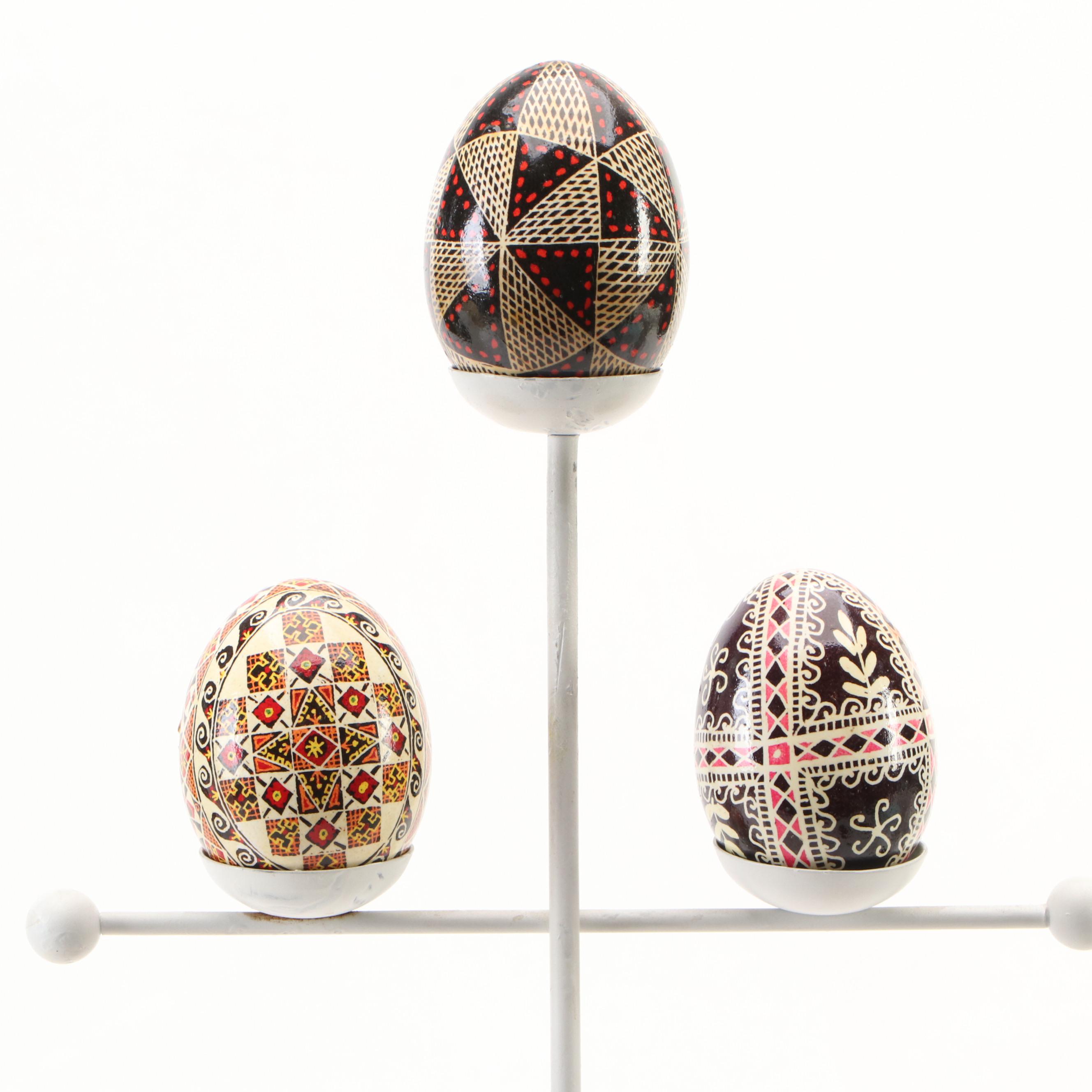 Eastern European Style Hand-Painted Eggs with Metal Tree Display Stand
