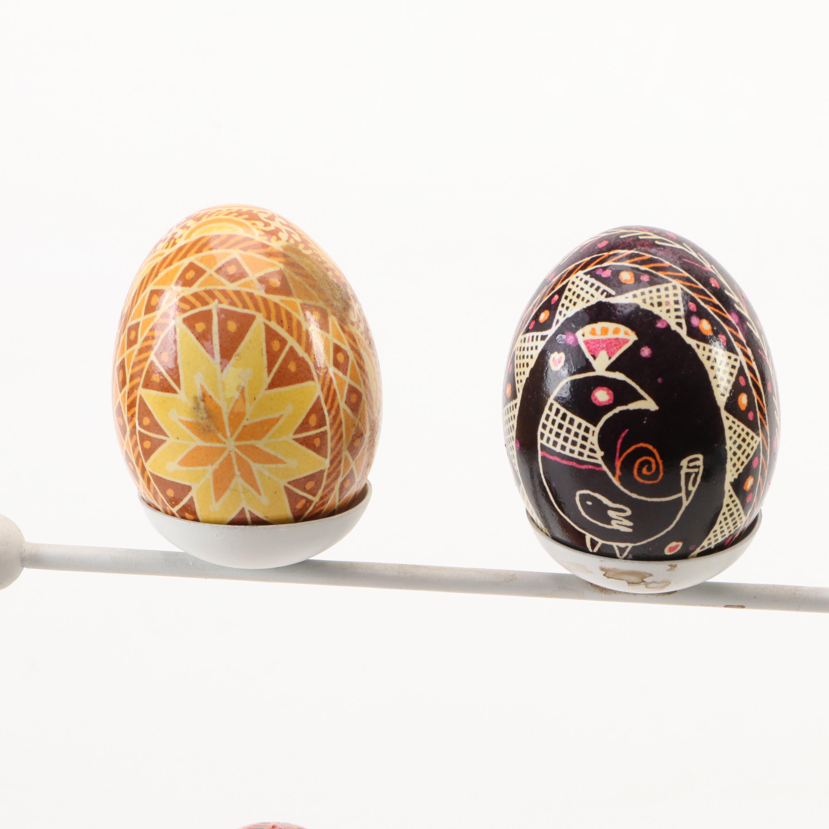 Eastern European Style Hand-Painted Eggs with Metal Tree Display Stand