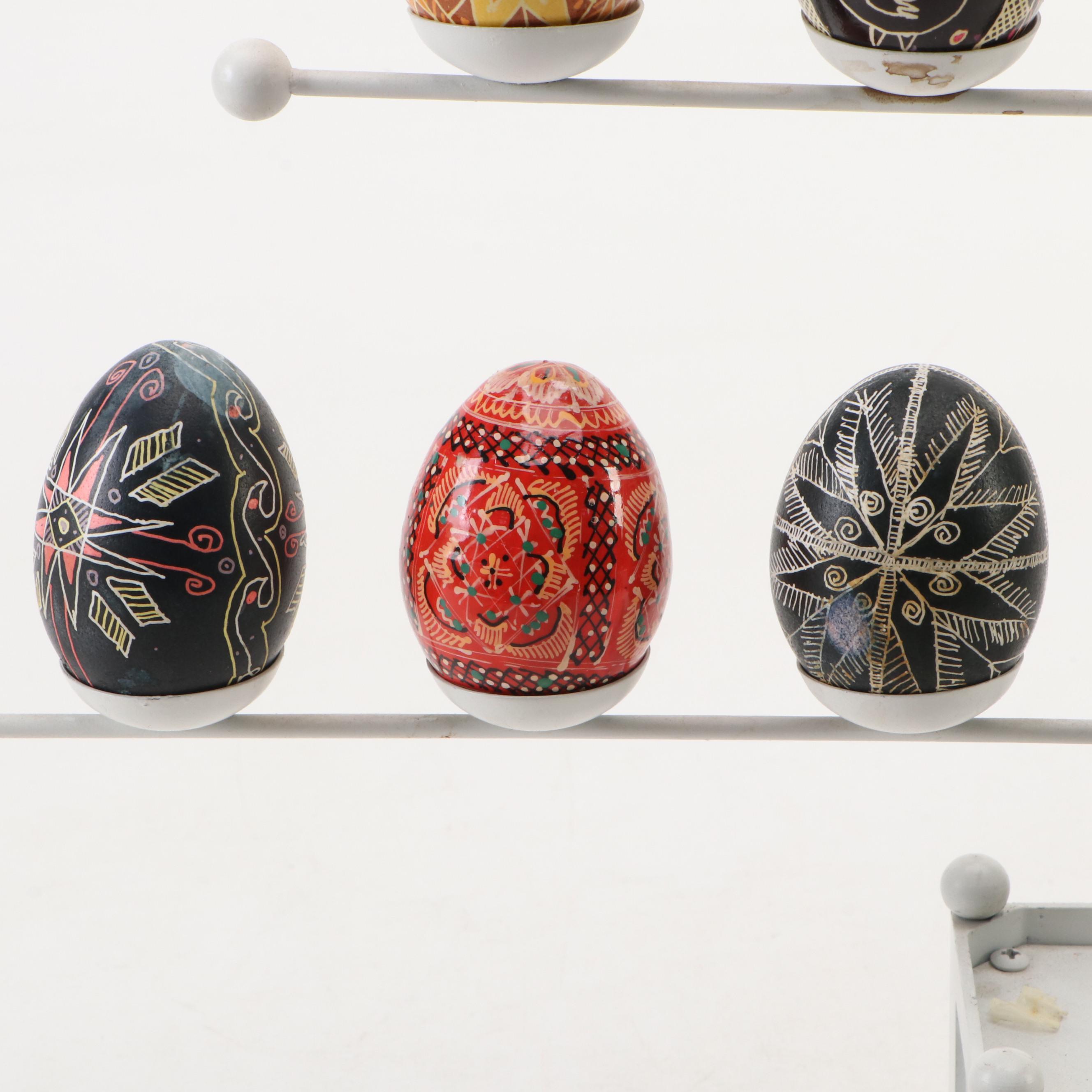 Eastern European Style Hand-Painted Eggs with Metal Tree Display Stand