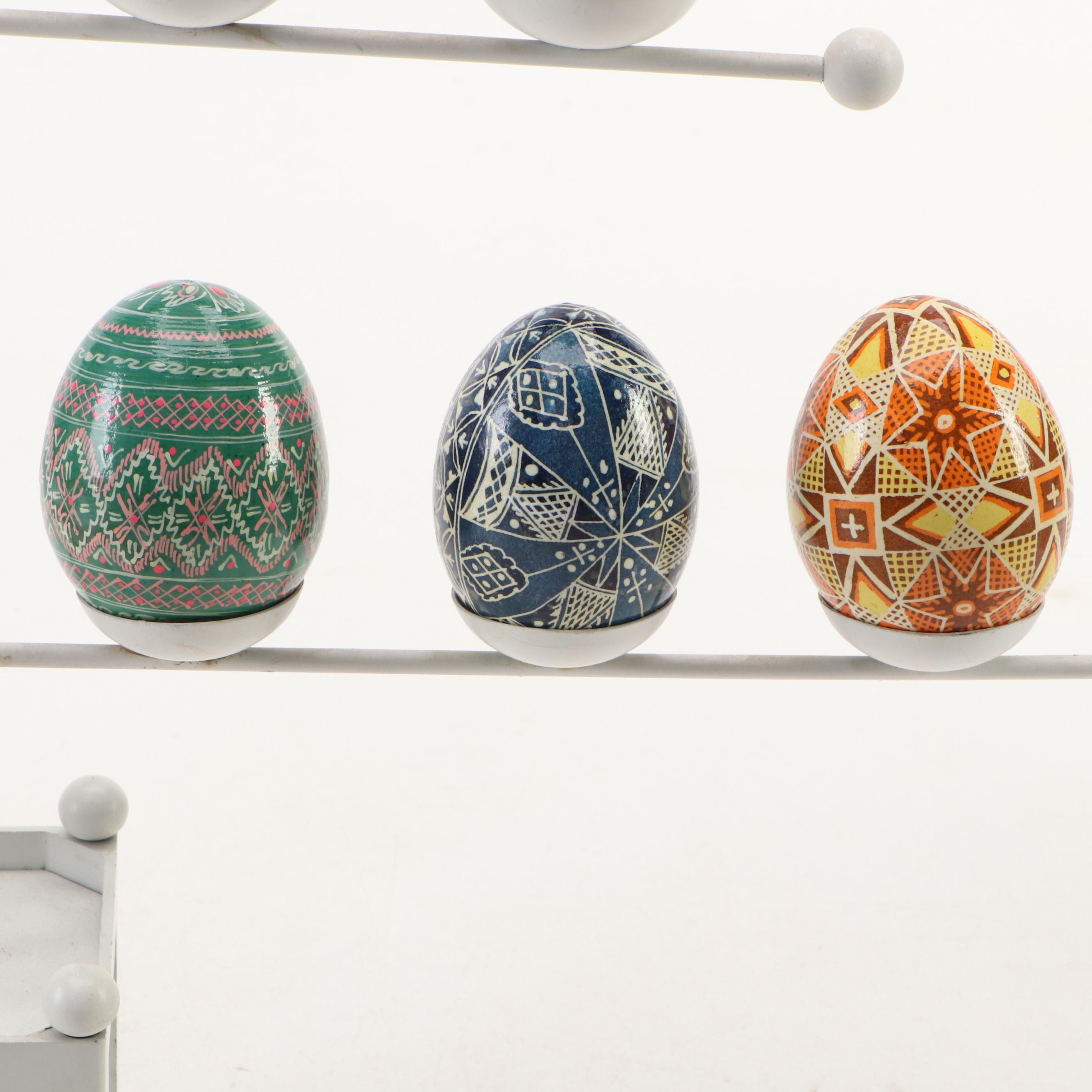 Eastern European Style Hand-Painted Eggs with Metal Tree Display Stand