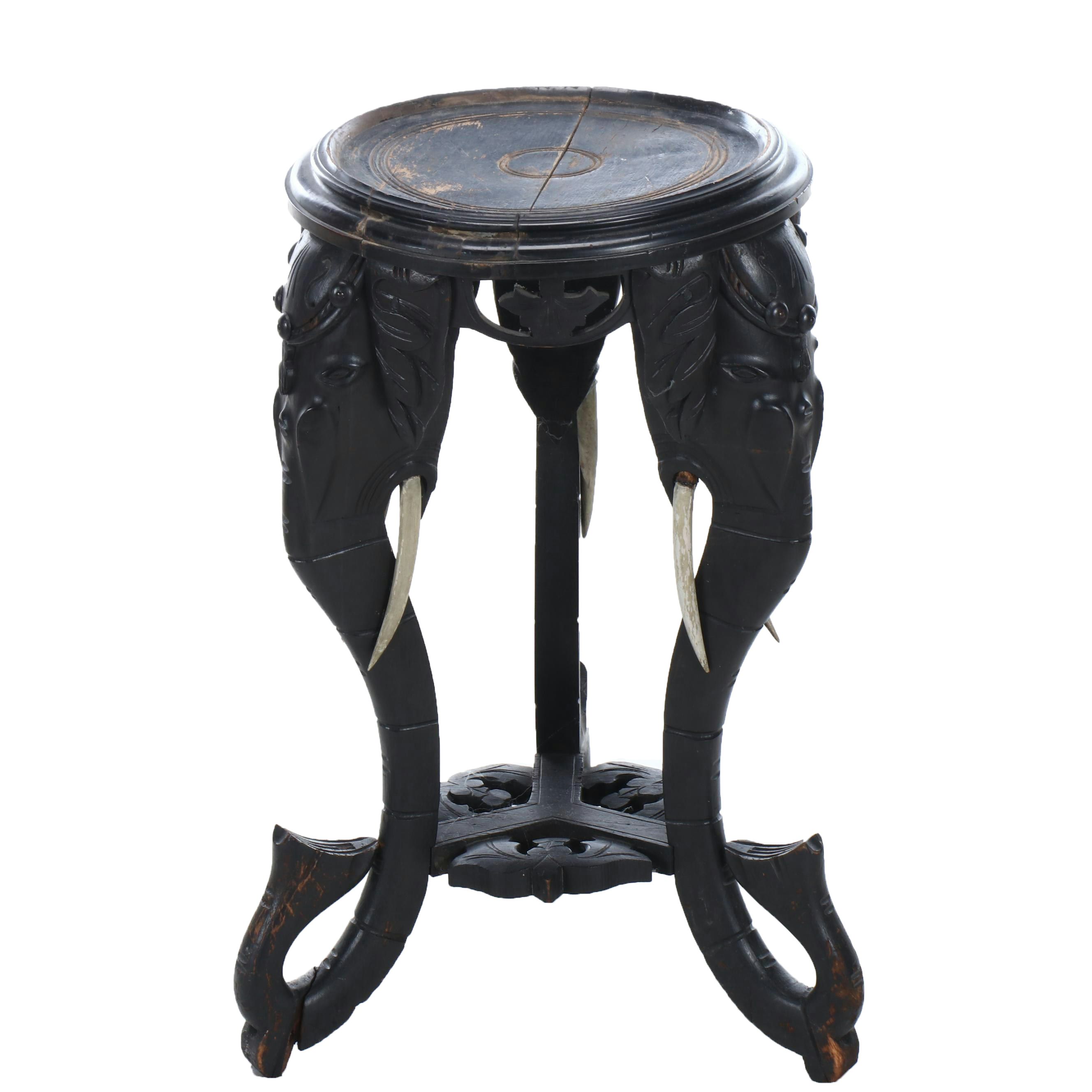Indo-Chinese Ebonized Wood Plant Stand with Carved Elephant Heads