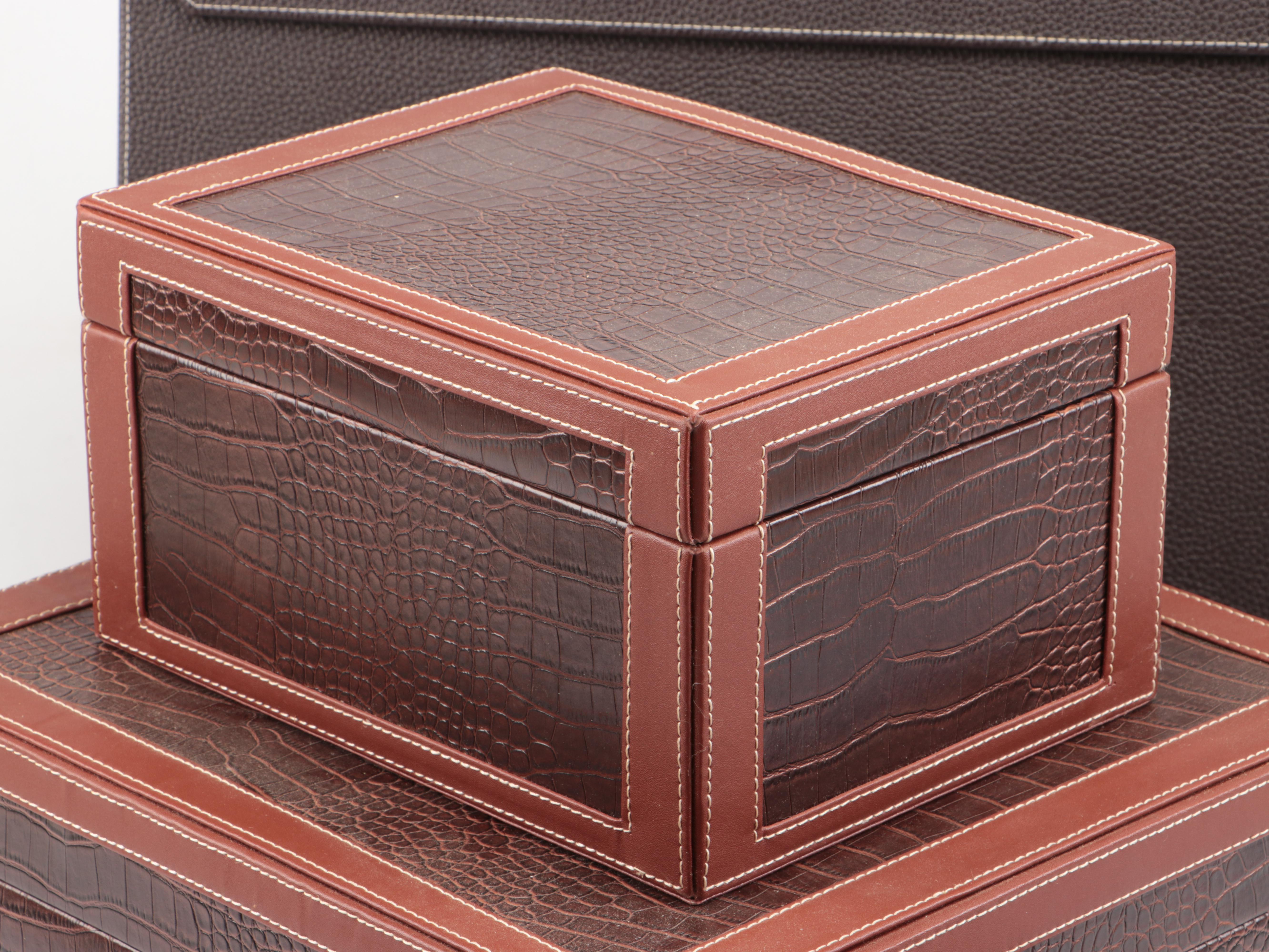 Faux Alligator Skin and Stitched Leather Desk Set with Folio