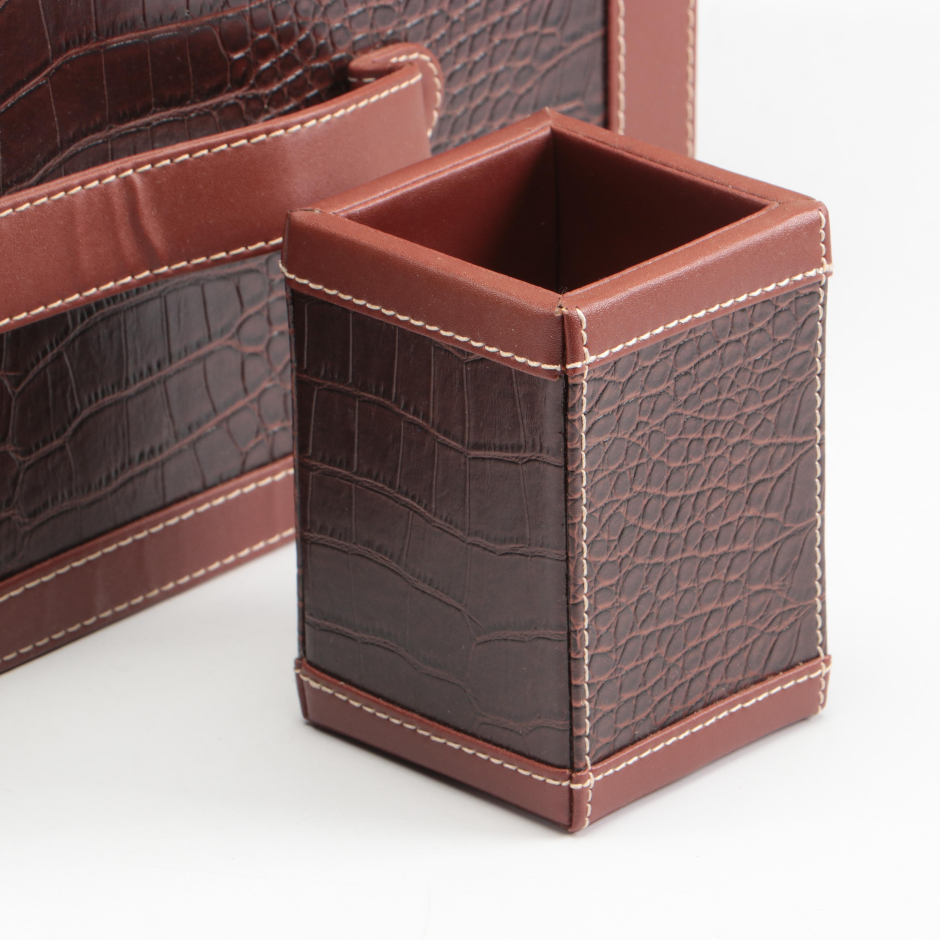 Faux Alligator Skin and Stitched Leather Desk Set with Folio