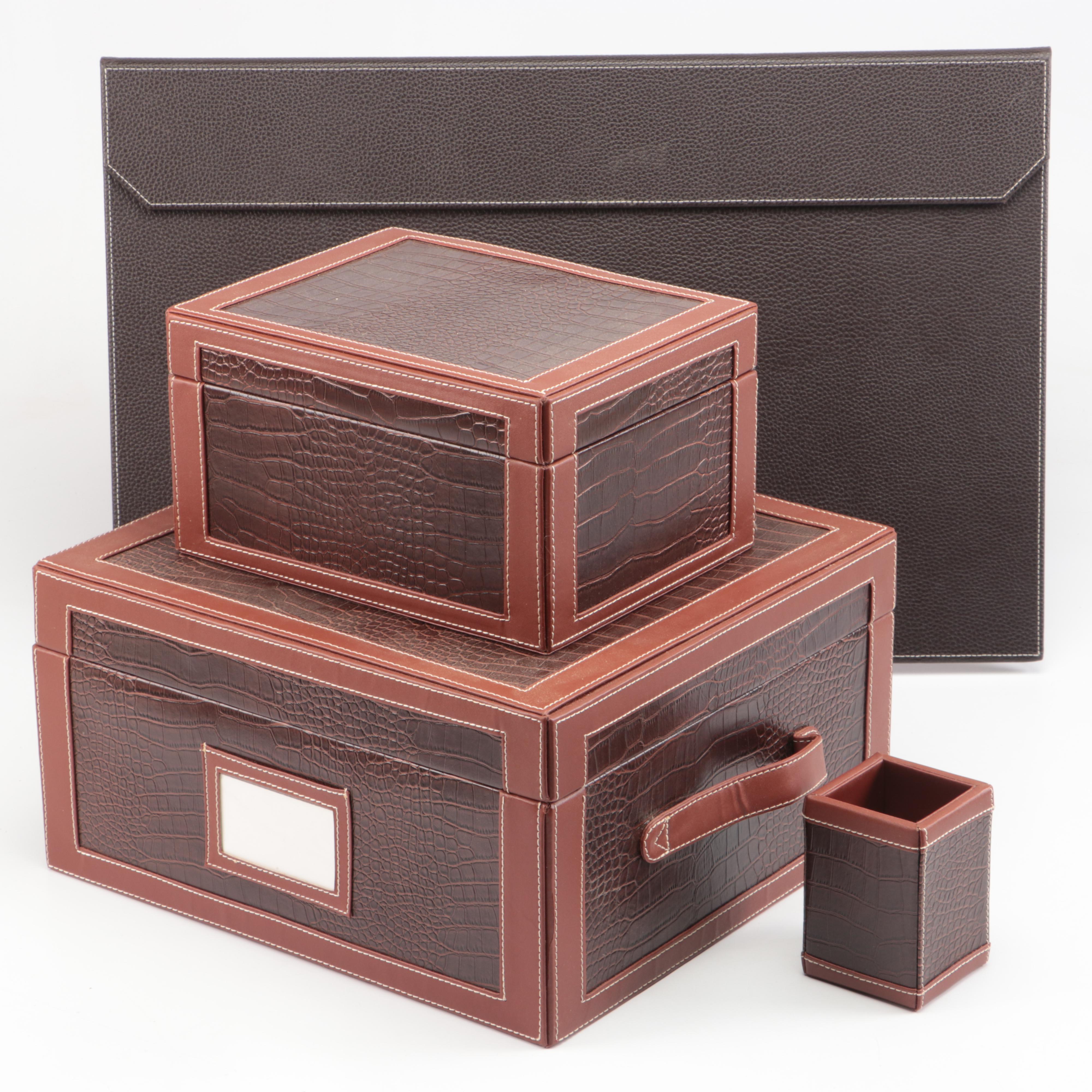 Faux Alligator Skin and Stitched Leather Desk Set with Folio