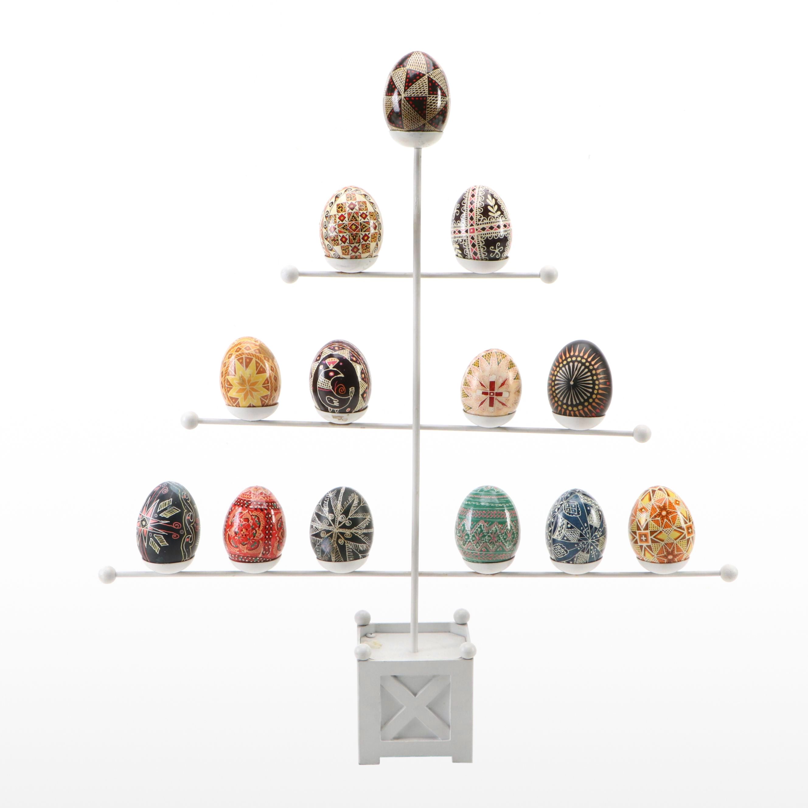 Eastern European Style Hand-Painted Eggs with Metal Tree Display Stand