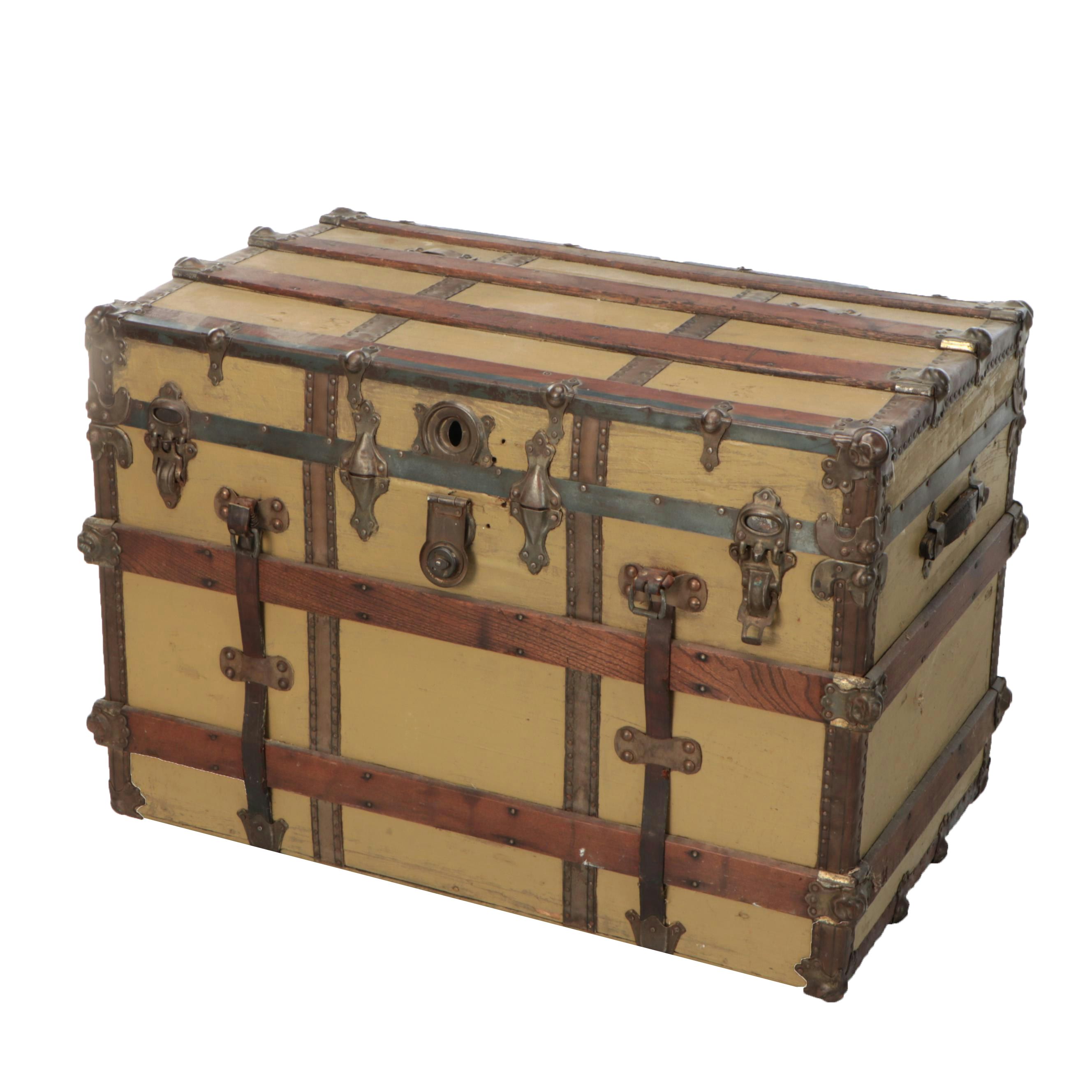 Flat Top Wood Steamer Trunk with Metal Trim, Early 20th Century