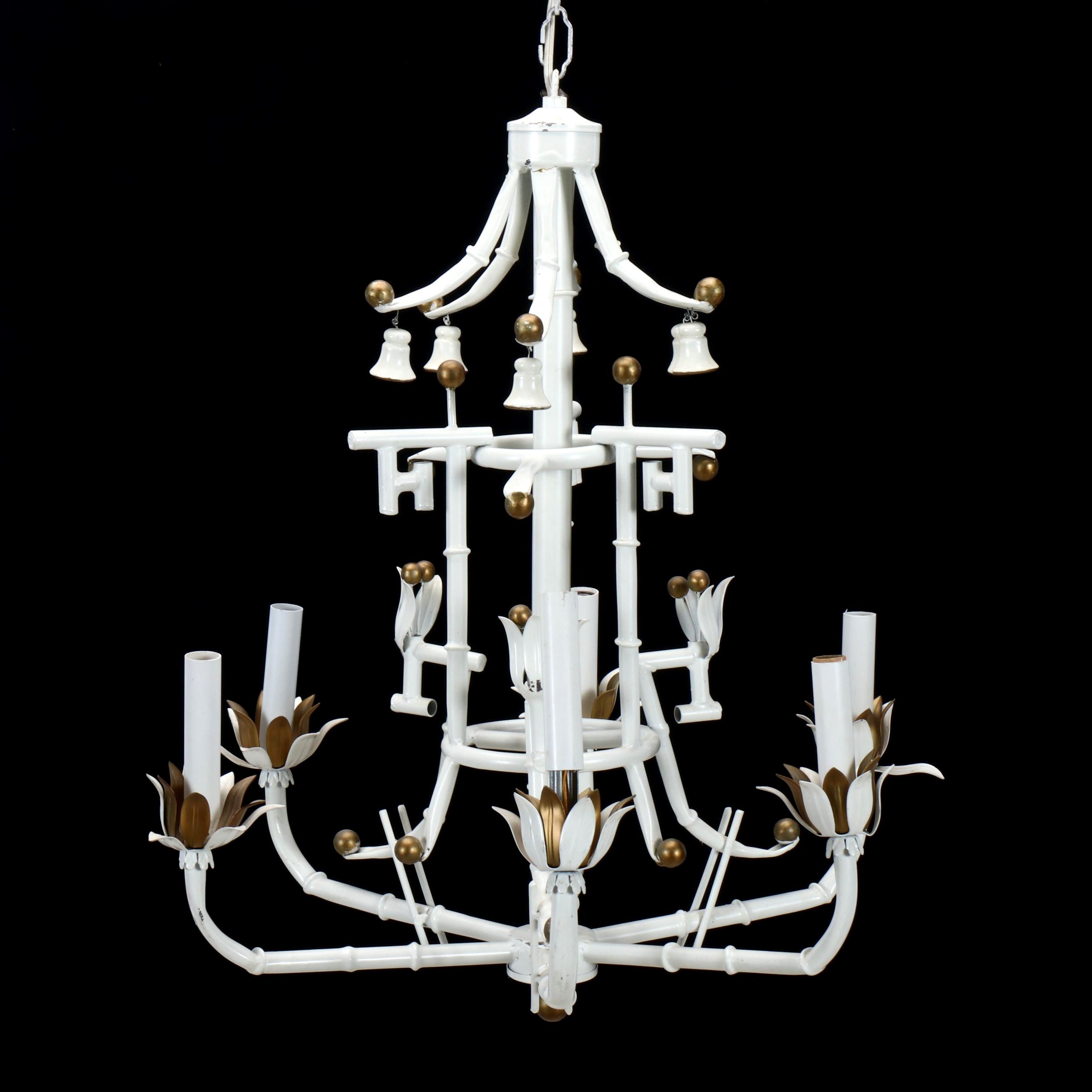 Contemporary Chinoiserie White Enameled Metal Six-Arm Chandelier
