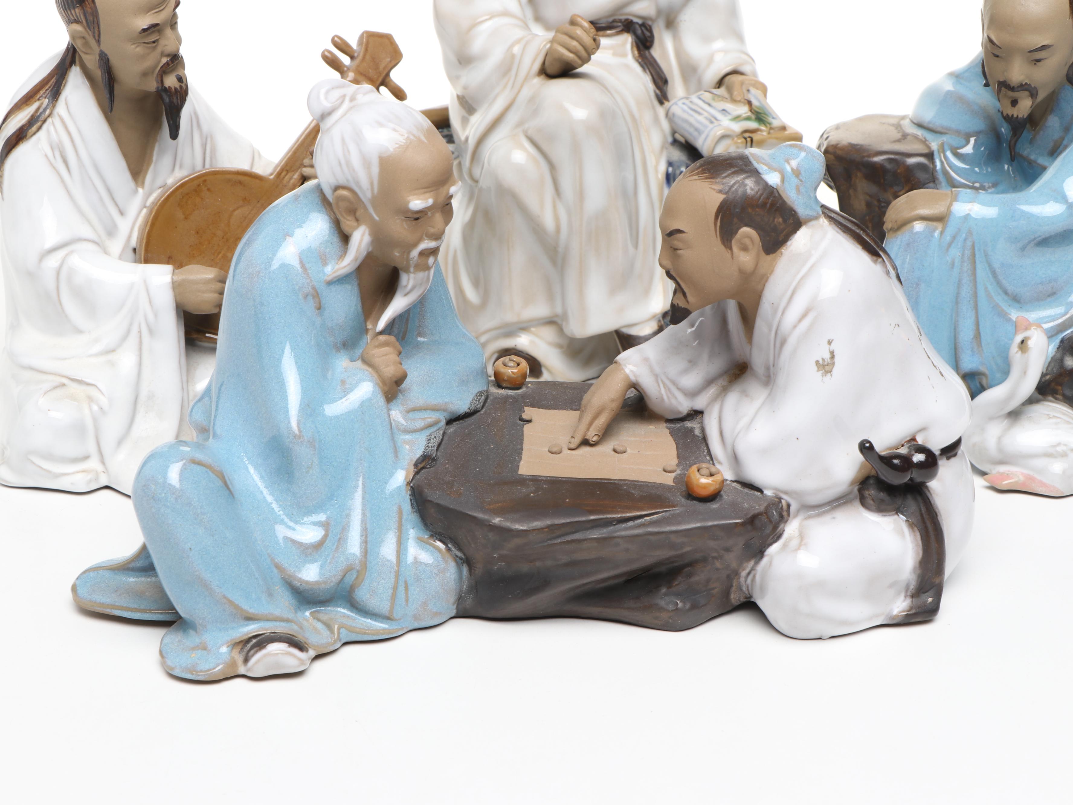 Chinese Shiwan Ware Musician with Lute, Men Playing Checkers, More