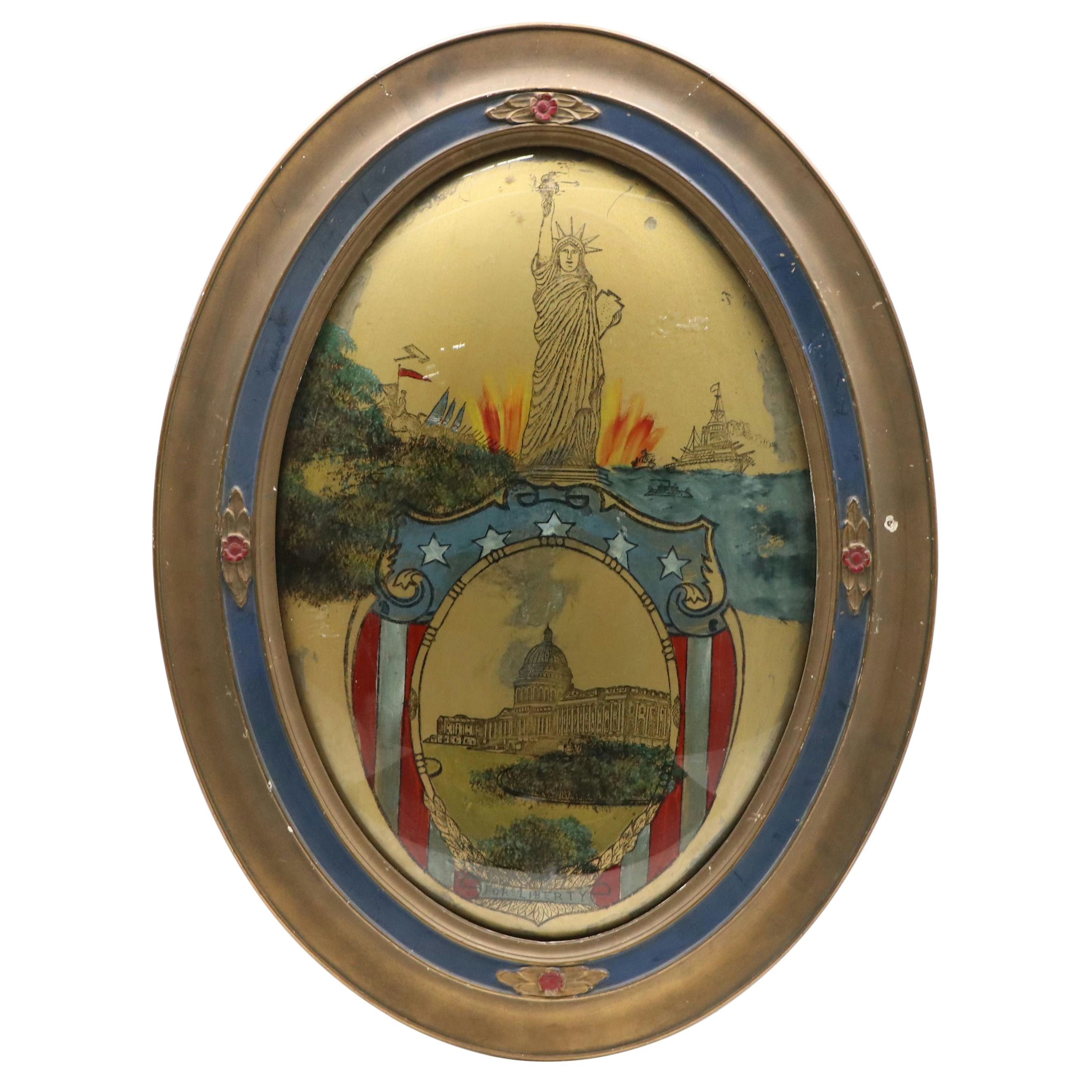 Patriotic Reverse Glass Painting "For Liberty," Late 19th / 20th Century