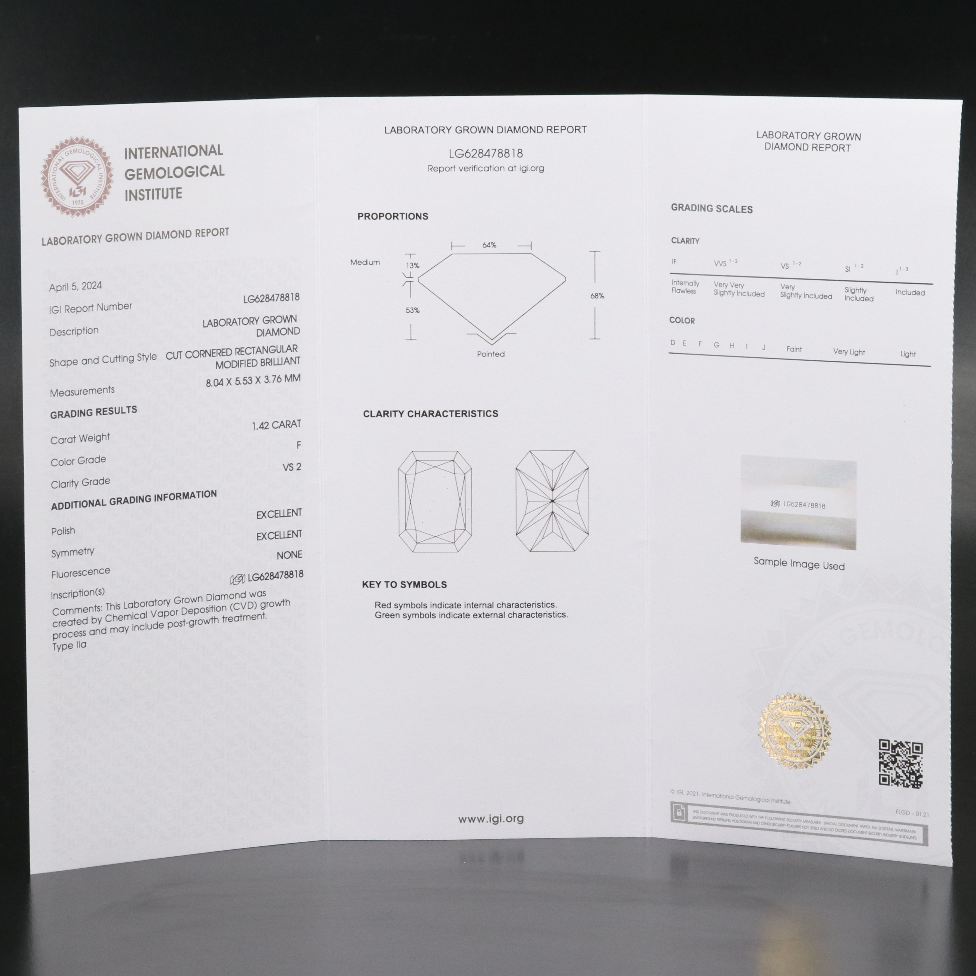 Loose 1.42 CT Lab Grown Diamond with IGI Report