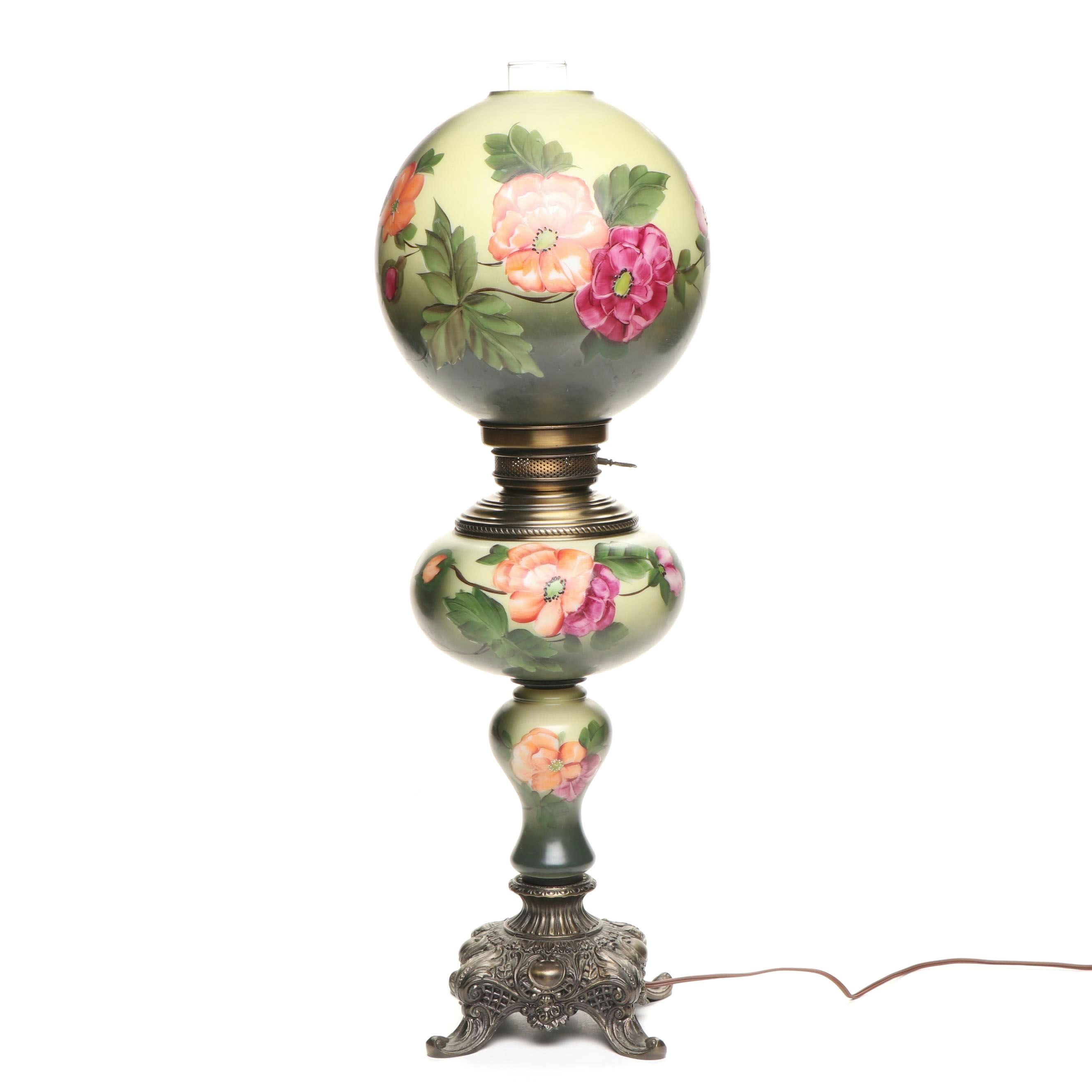 Loevsky & Loevsky Spelter and Hand-Painted Milk Glass Parlor Lamp, Mid-20th C.