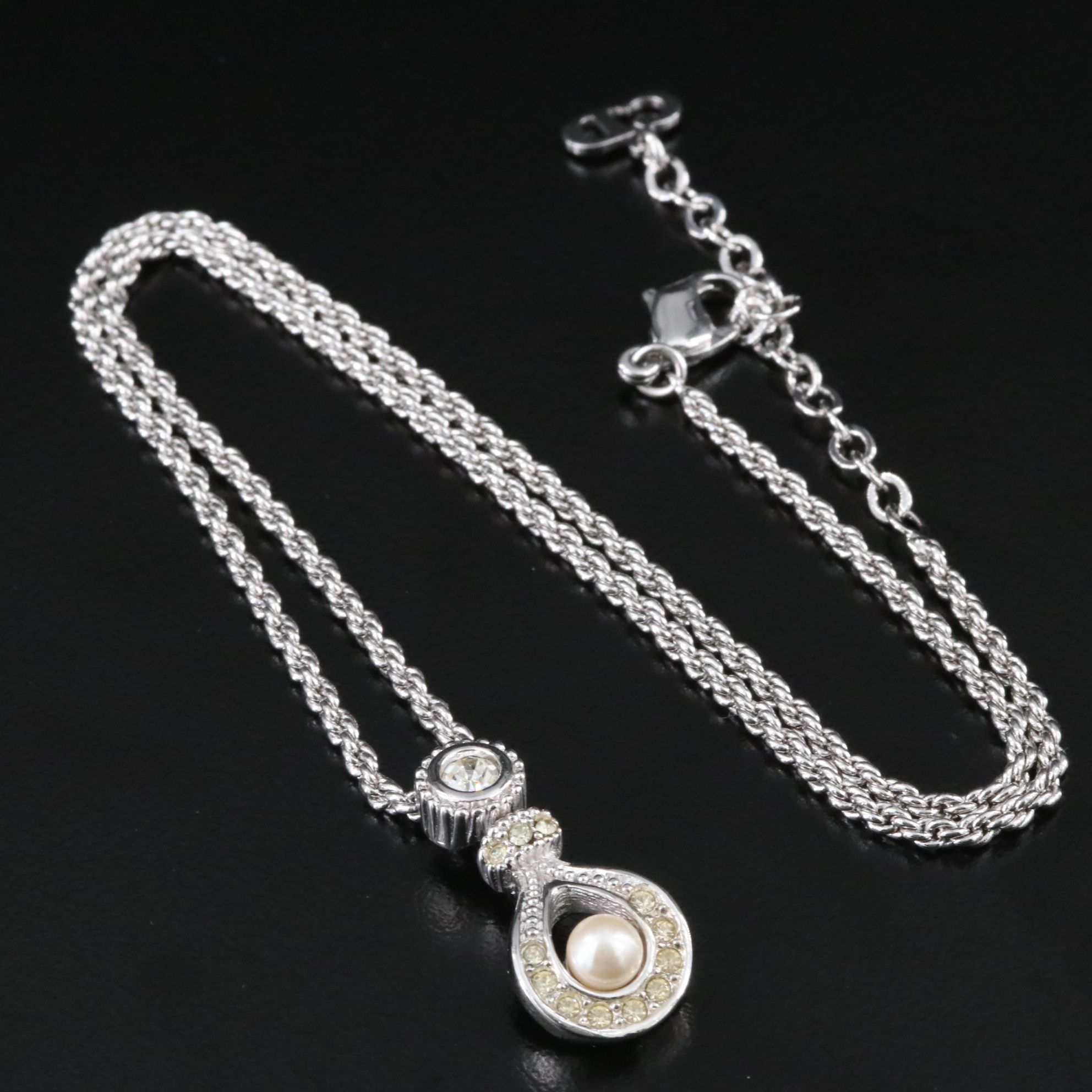 Christian Dior Crystal and Faux Pearl Pendant Necklace