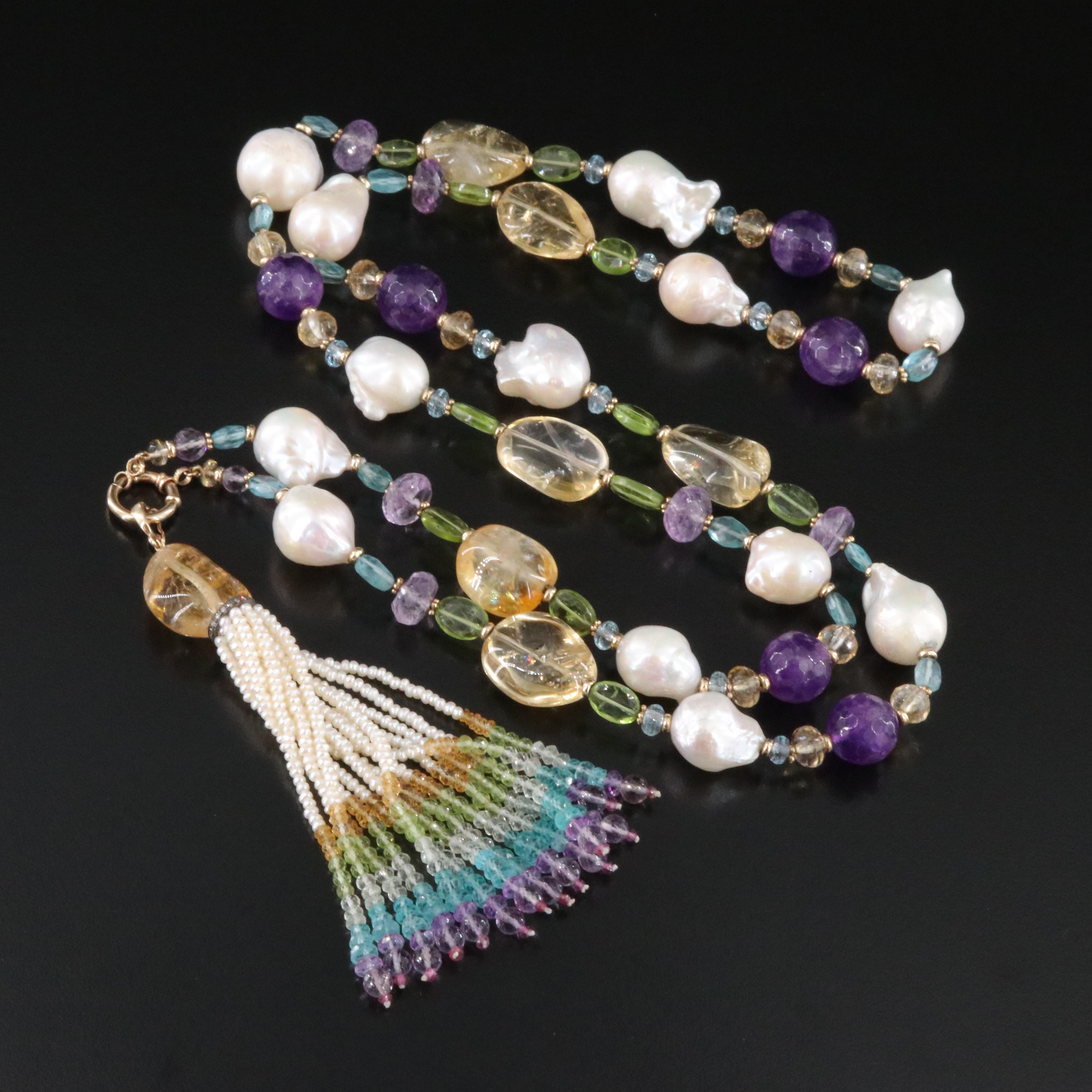 14K Gemstone and Diamond Necklace and Enhancer Tassel with Sterling Accent