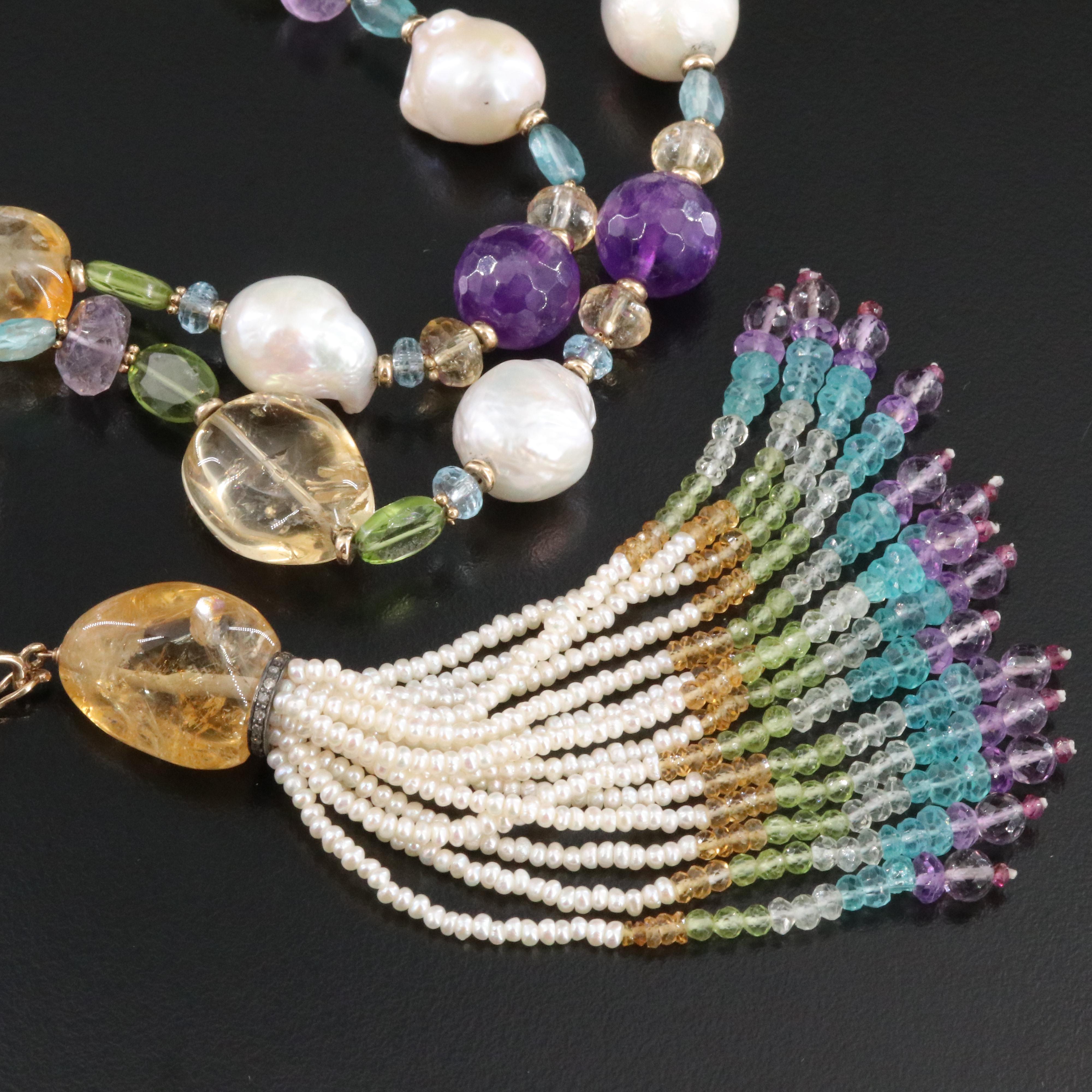 14K Gemstone and Diamond Necklace and Enhancer Tassel with Sterling Accent