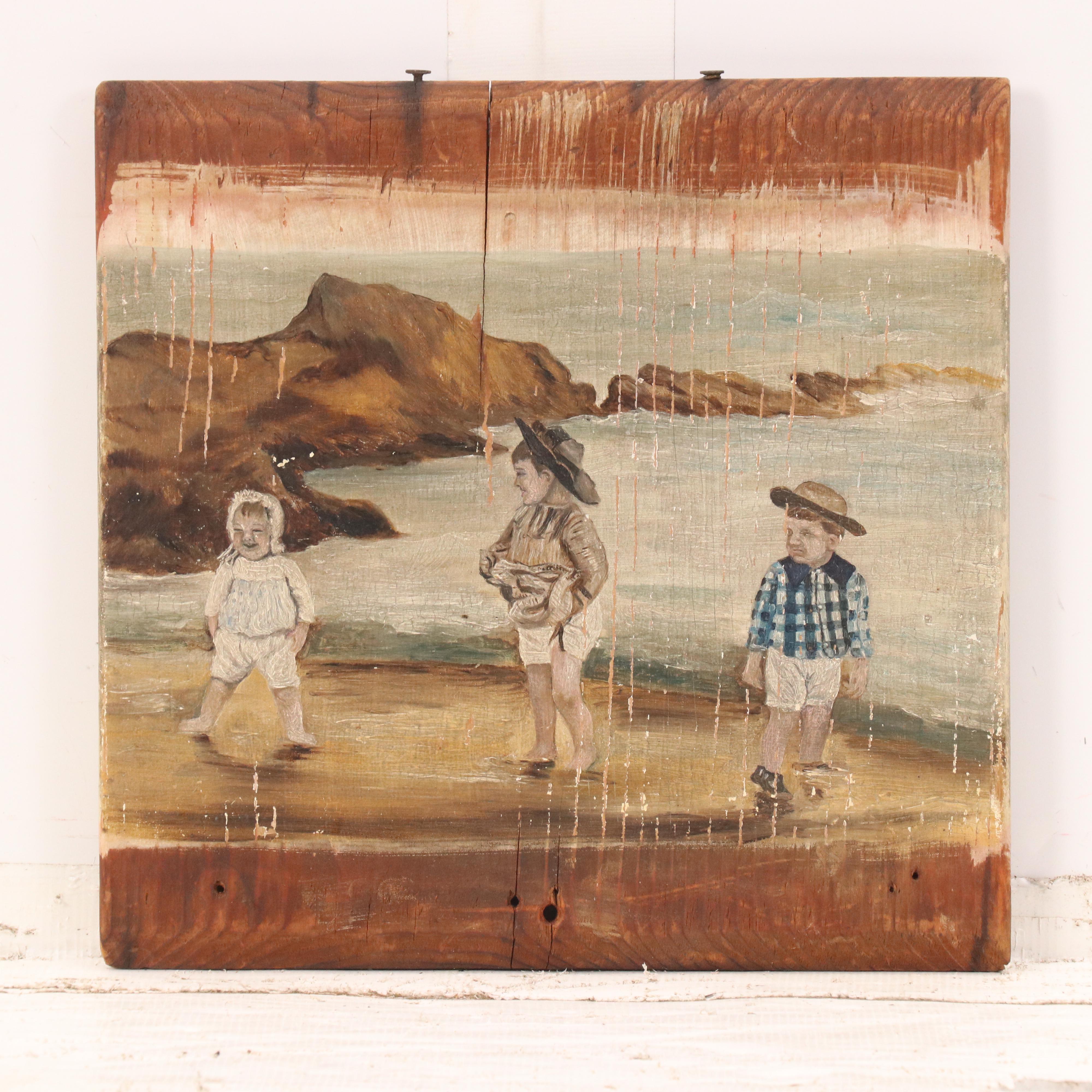 Coastal Folk Art Oil Scene of Children and Stylized Lithograph, Mid-20th Century