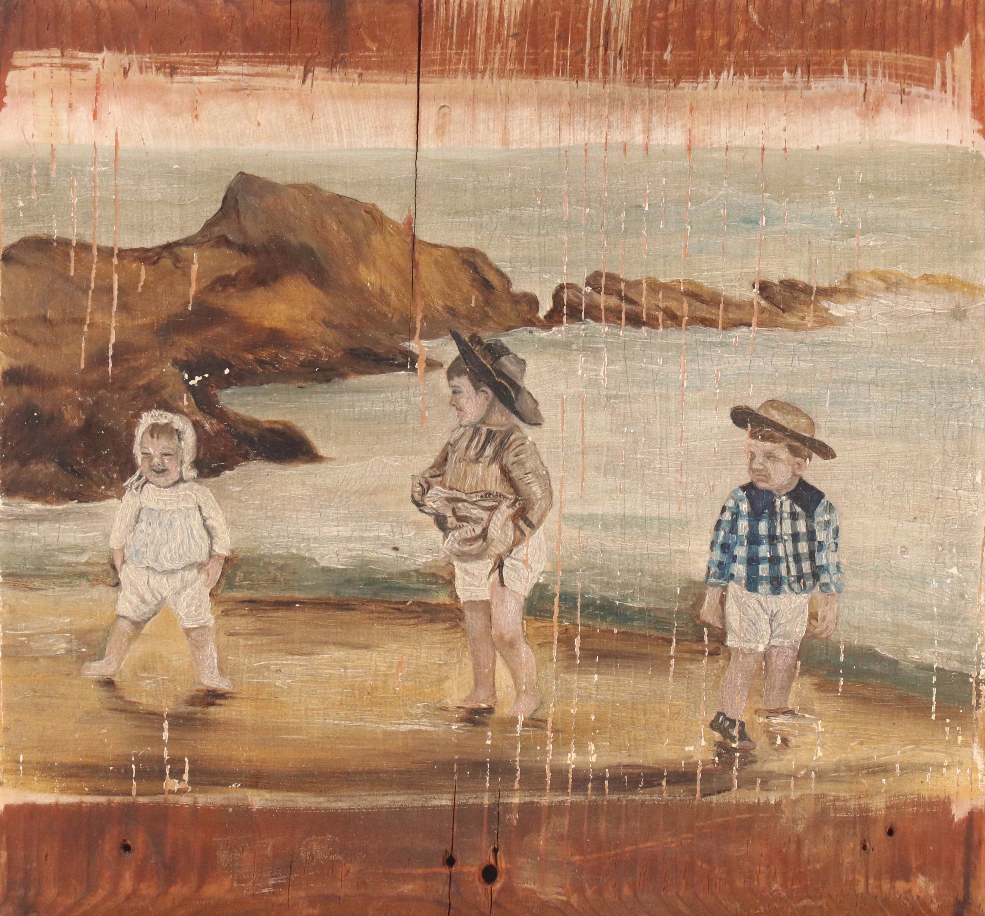Coastal Folk Art Oil Scene of Children and Stylized Lithograph, Mid-20th Century