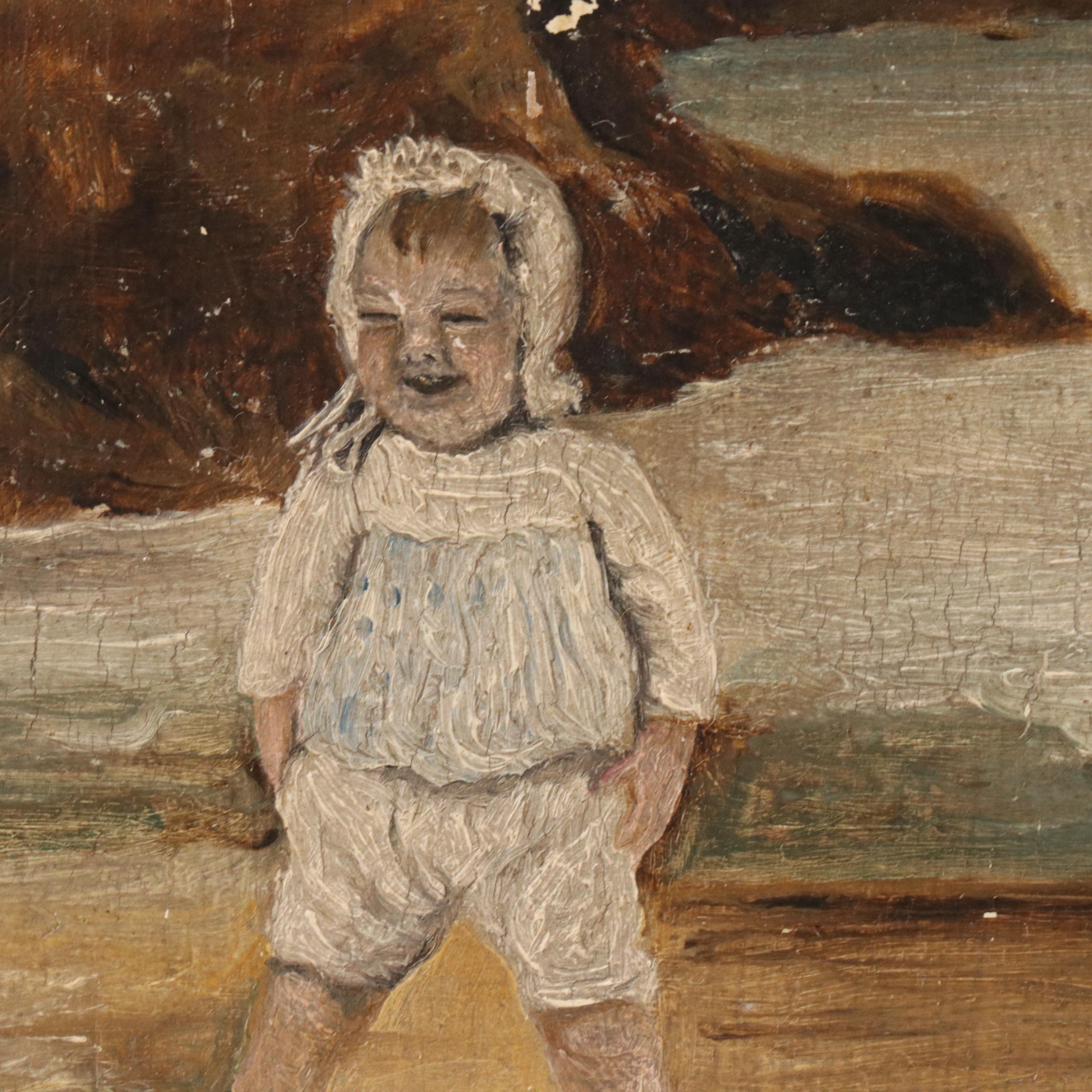 Coastal Folk Art Oil Scene of Children and Stylized Lithograph, Mid-20th Century